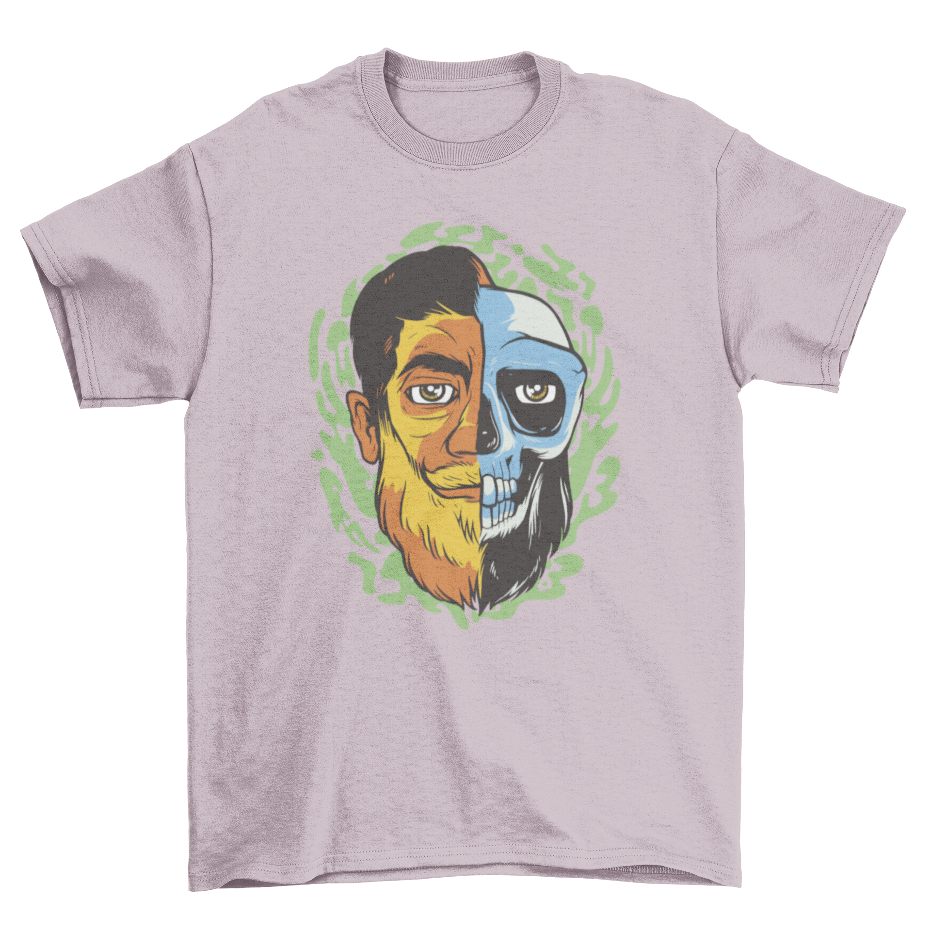 Half a male human skull t-shirt featuring a striking design of a man's face transitioning into a skull.