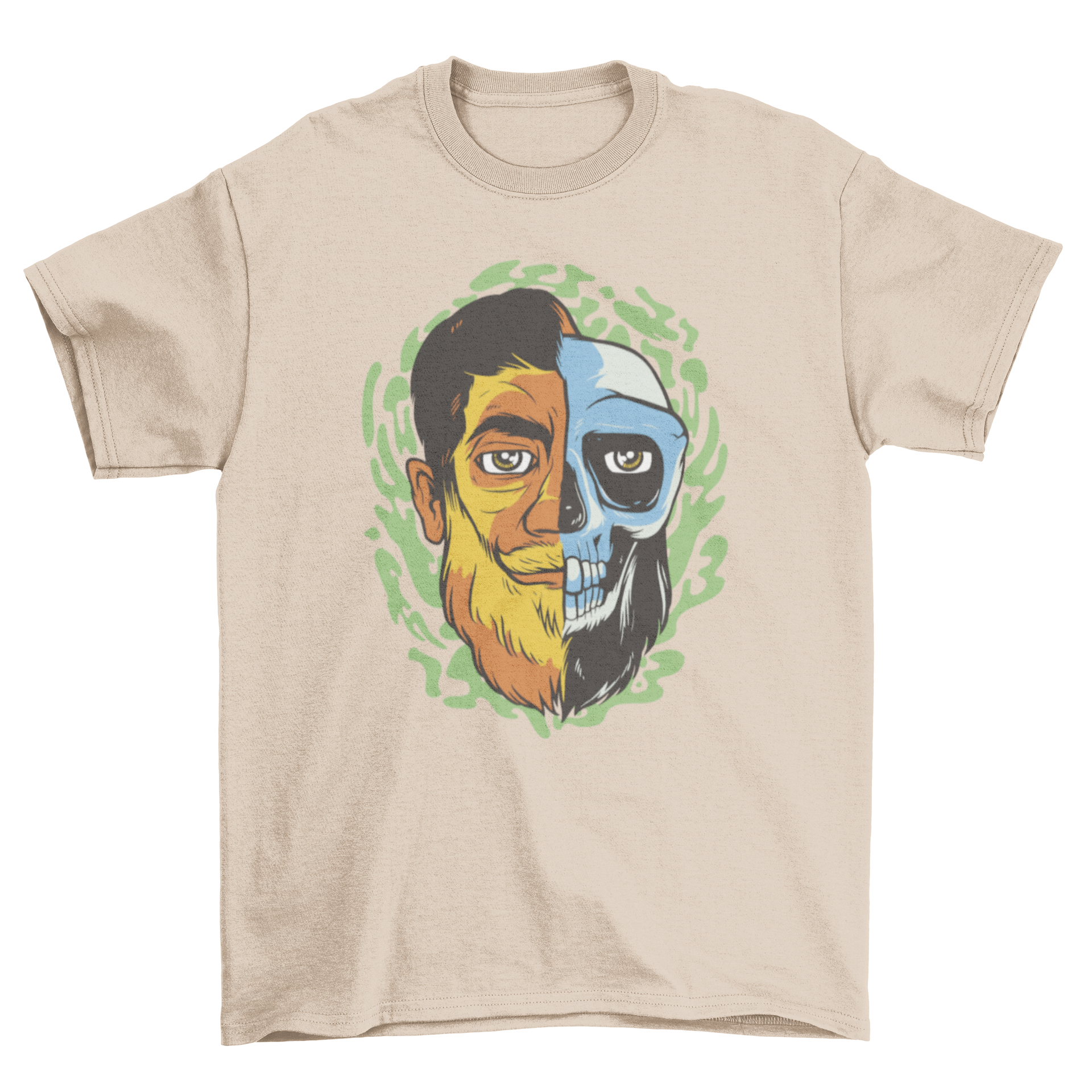 Half a male human skull t-shirt featuring a striking design of a man's face transitioning into a skull.