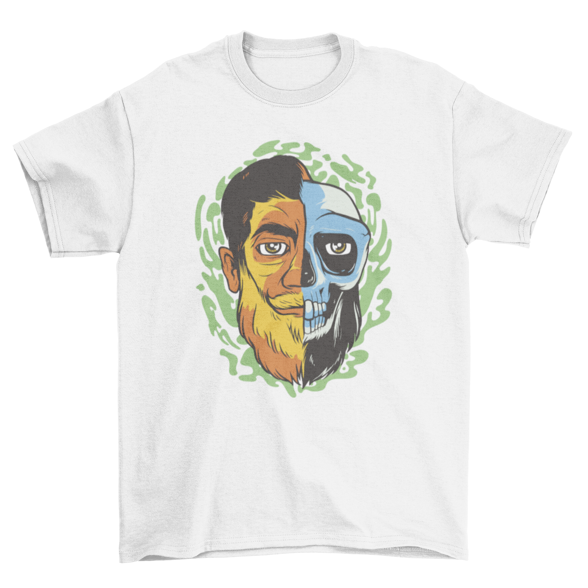 Half a male human skull t-shirt featuring a striking design of a man's face transitioning into a skull.