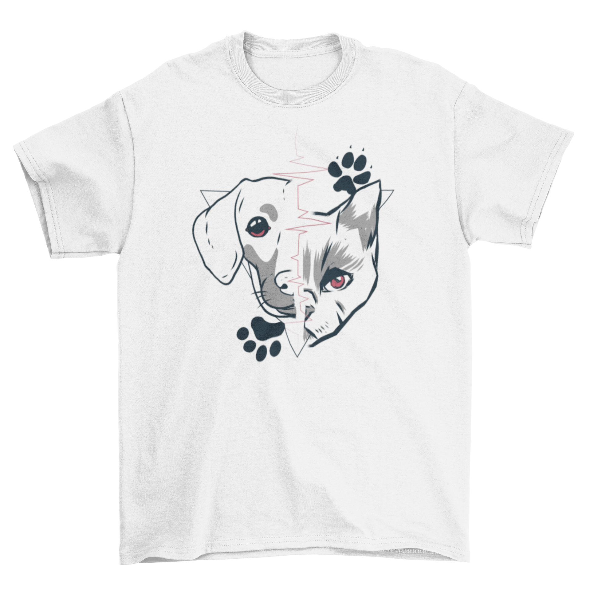 Half Animal Face Dog and Cat Paw T-shirt featuring a unique design of a dog's face and a cat's face merged together.