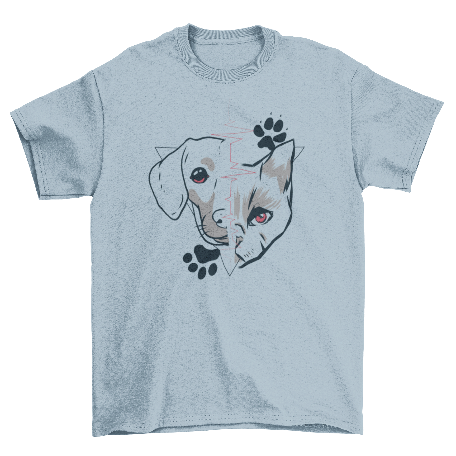 Half Animal Face Dog and Cat Paw T-shirt featuring a unique design of a dog's face and a cat's face merged together.