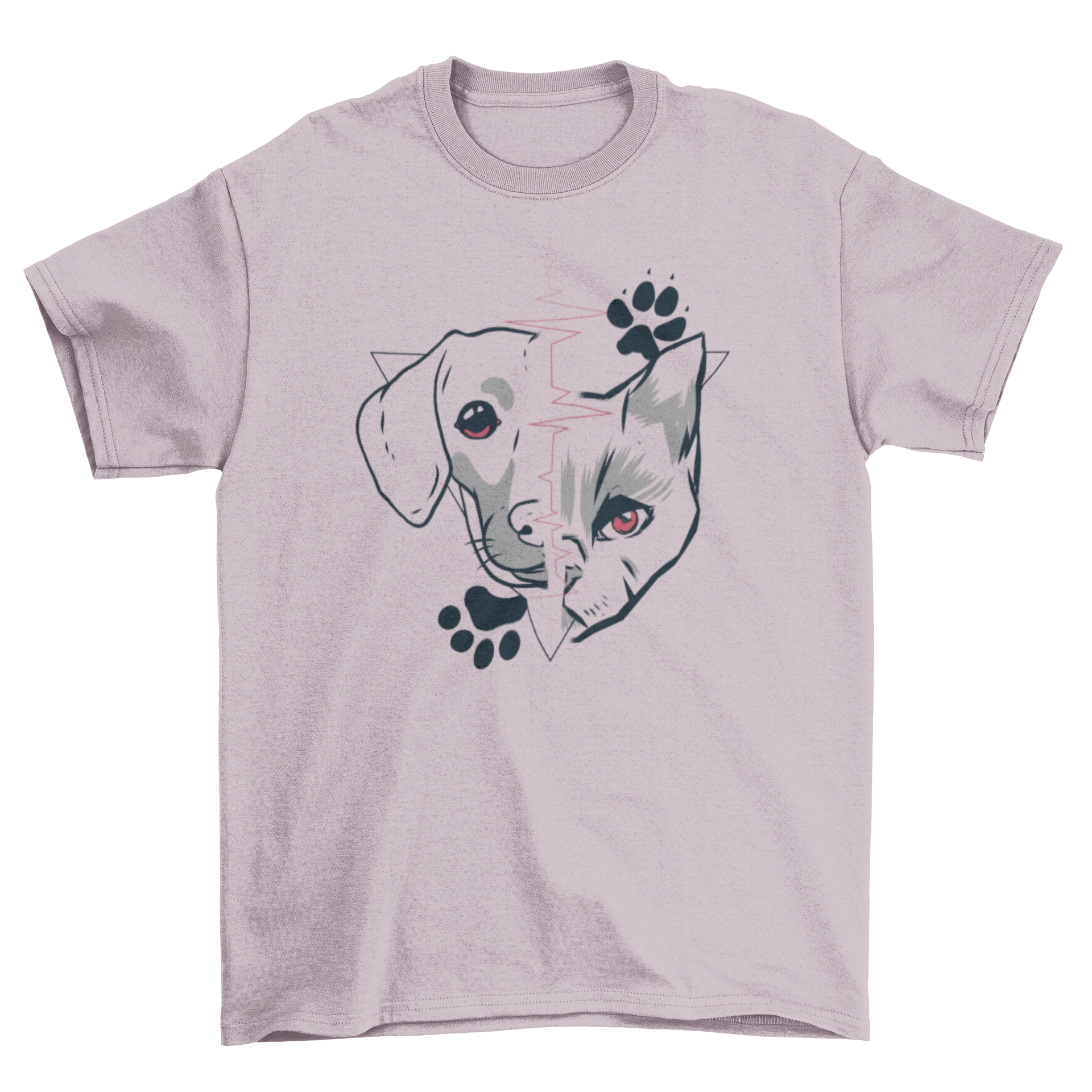 Half Animal Face Dog and Cat Paw T-shirt featuring a unique design of a dog's face and a cat's face merged together.