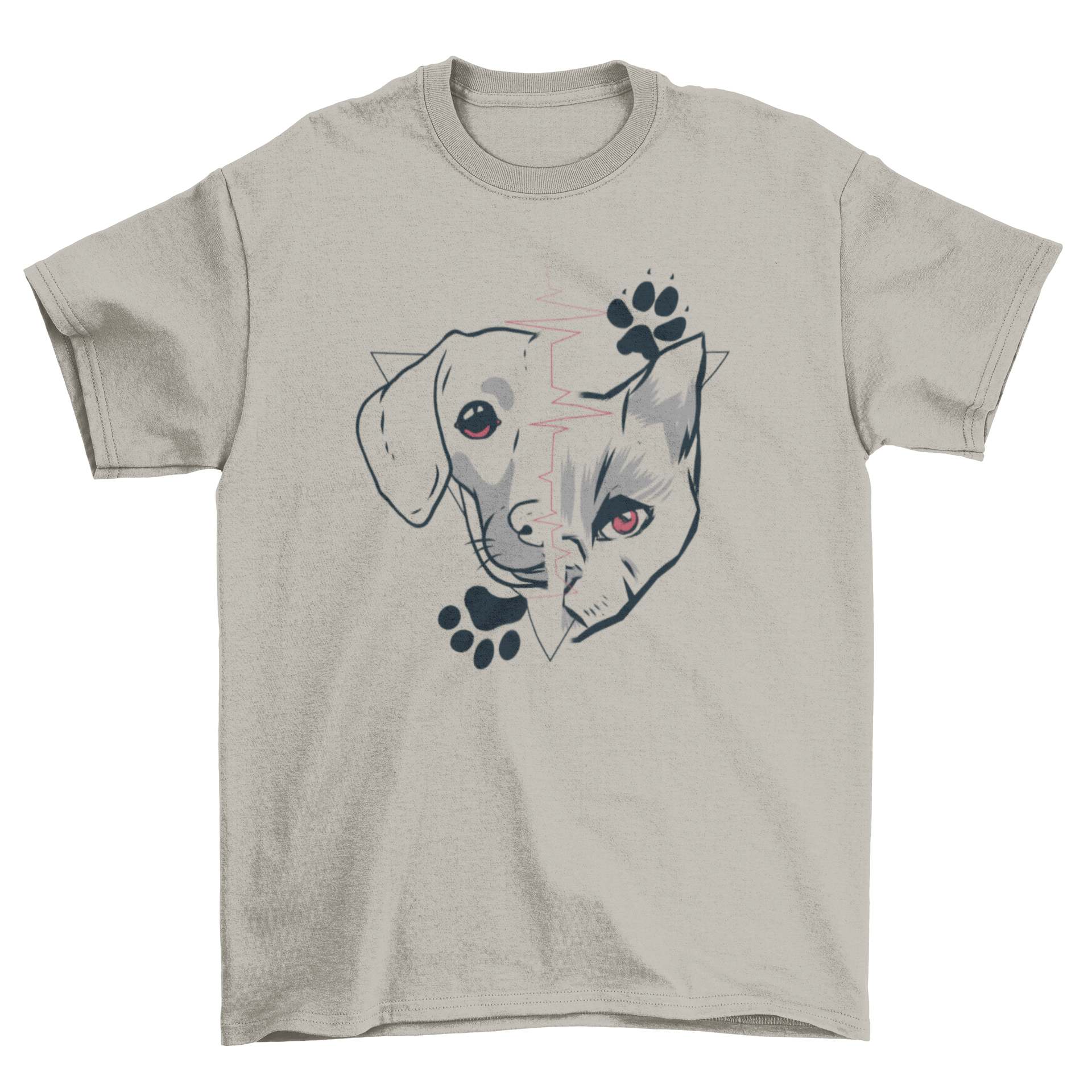 Half Animal Face Dog and Cat Paw T-shirt featuring a unique design of a dog's face and a cat's face merged together.