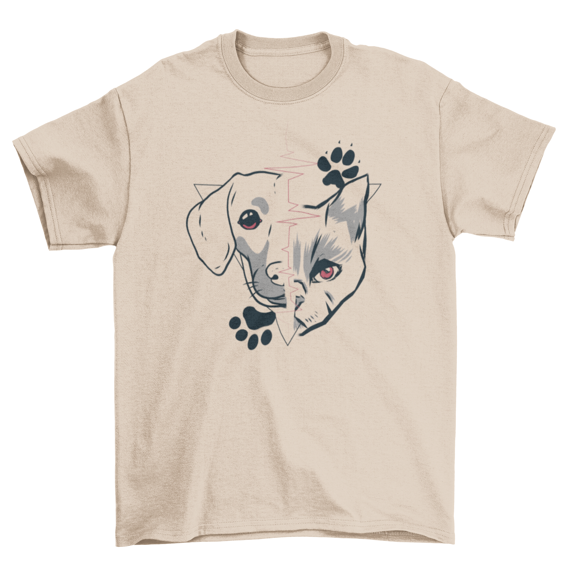 Half Animal Face Dog and Cat Paw T-shirt featuring a unique design of a dog's face and a cat's face merged together.