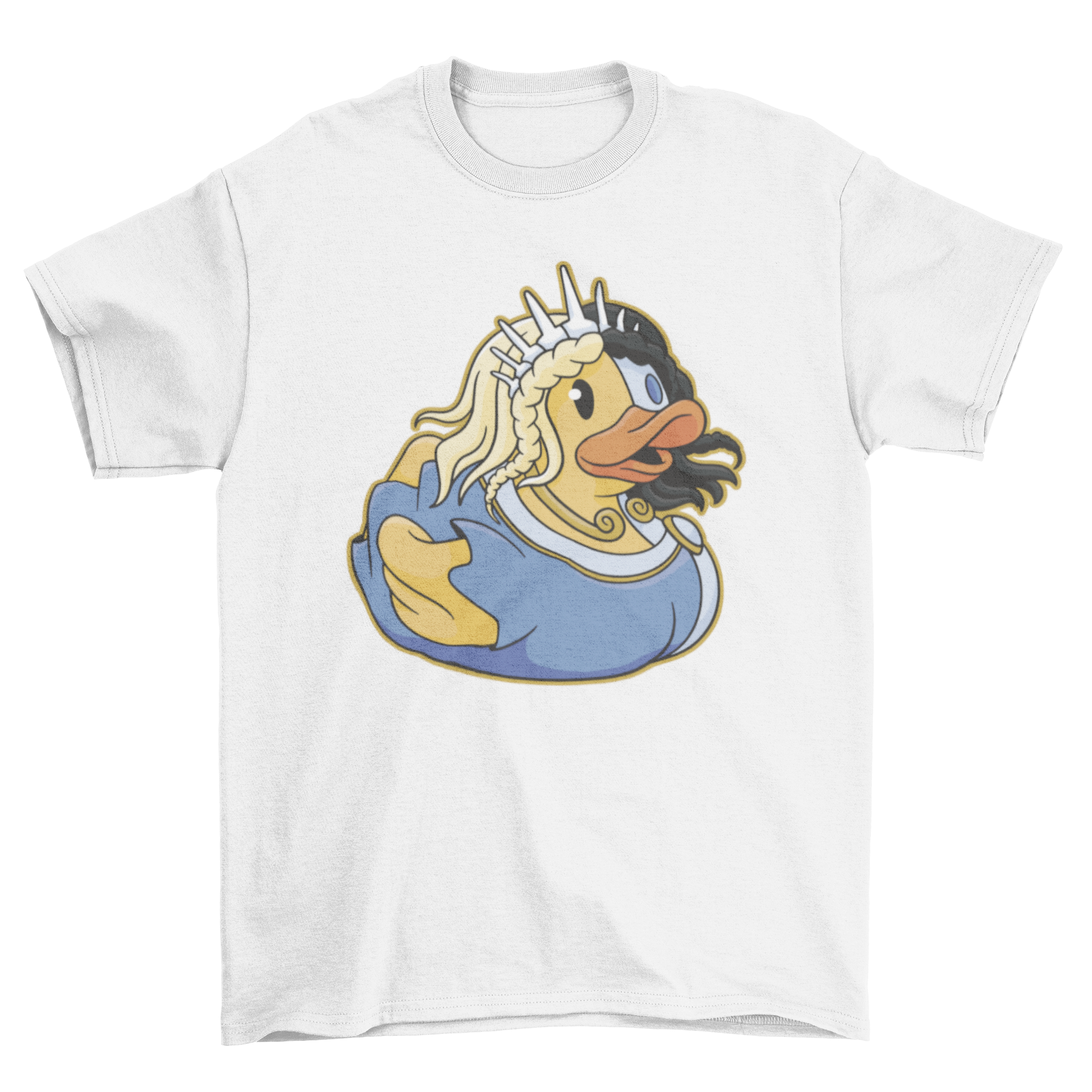 Half blonde rubber duck t-shirt featuring a playful design with a vibrant yellow duck and blonde accents.