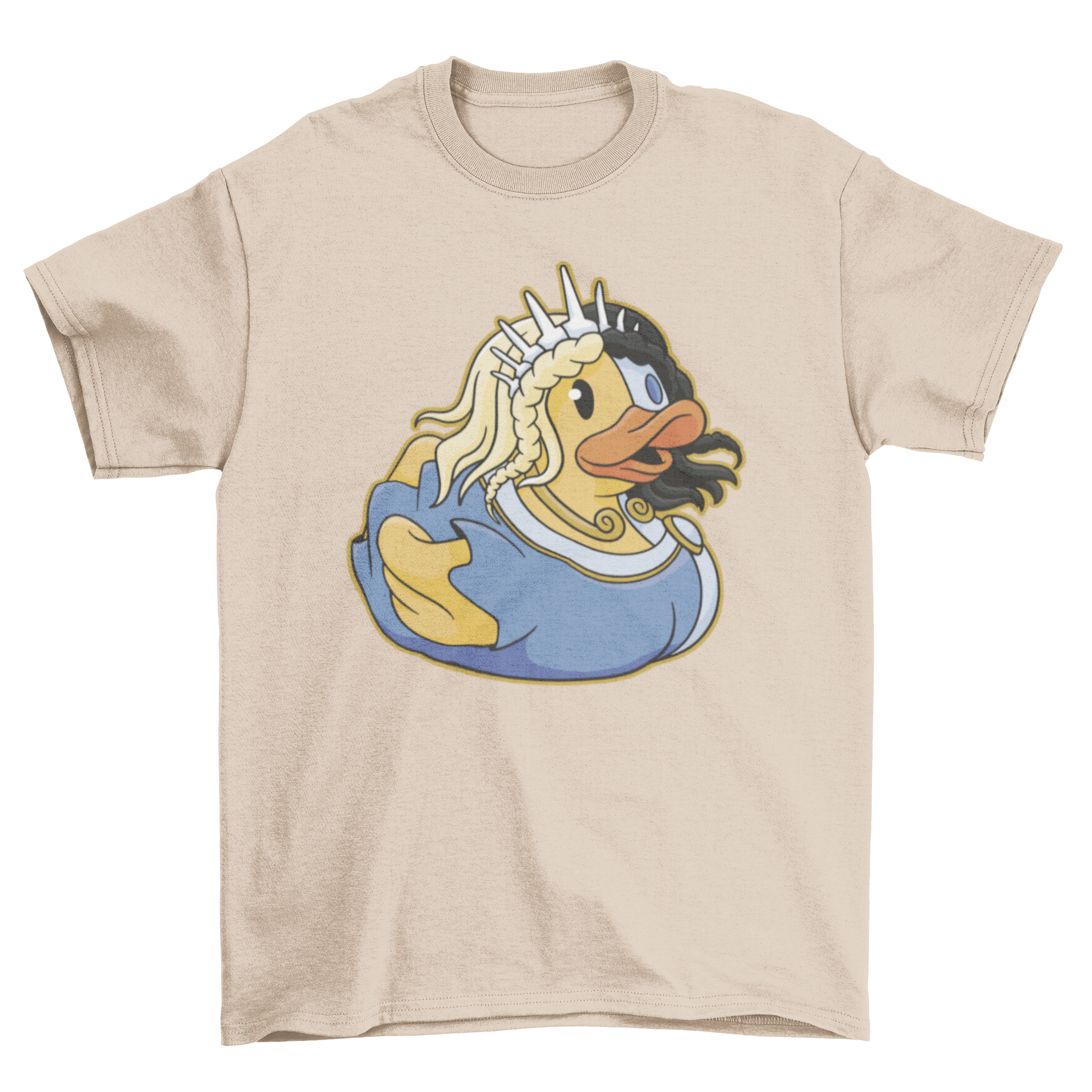 Half blonde rubber duck t-shirt featuring a playful design with a vibrant yellow duck and blonde accents.