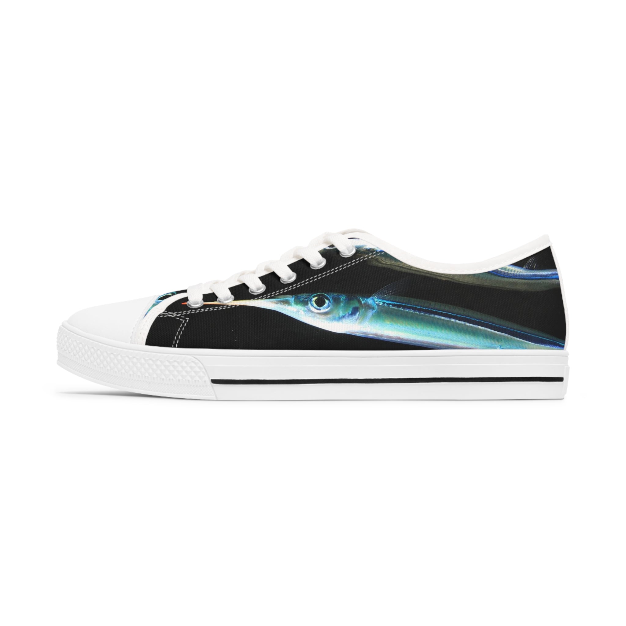 Halfbeak Women's Low Top Sneakers in black and white with silver metal eyelets and lace-up closure, showcasing breathable canvas and memory foam insoles.