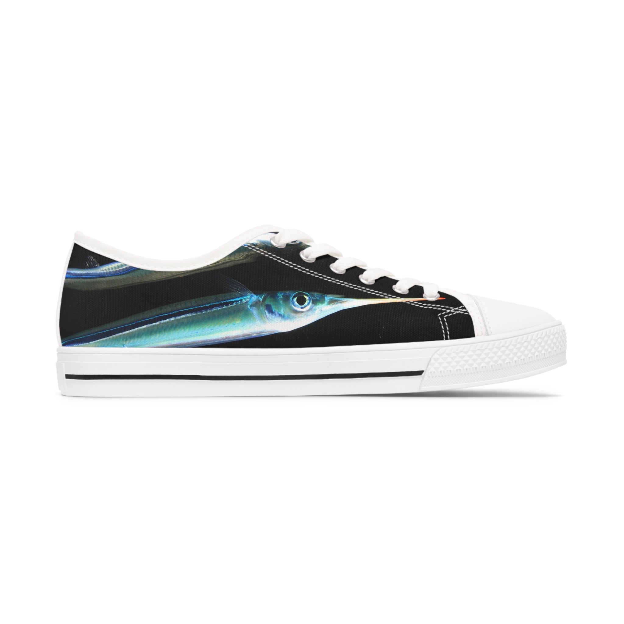 Halfbeak Women's Low Top Sneakers in black and white with silver metal eyelets and lace-up closure, showcasing breathable canvas and memory foam insoles.