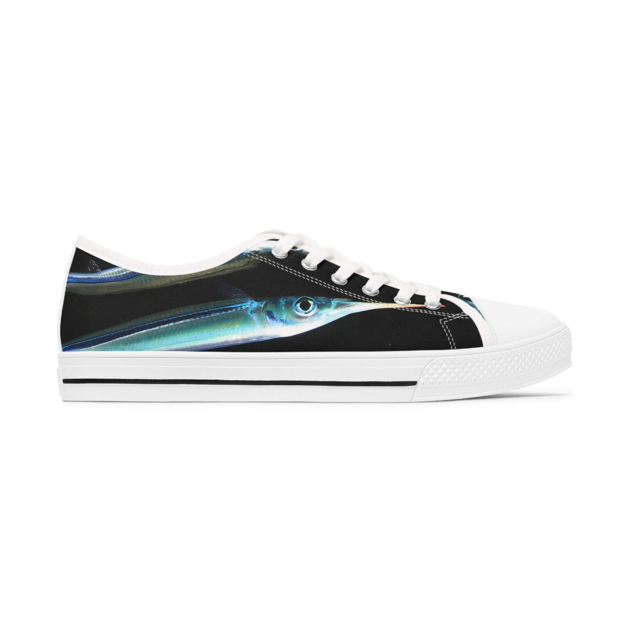 Halfbeak Women's Low Top Sneakers in black and white with silver metal eyelets and lace-up closure, showcasing breathable canvas and memory foam insoles.