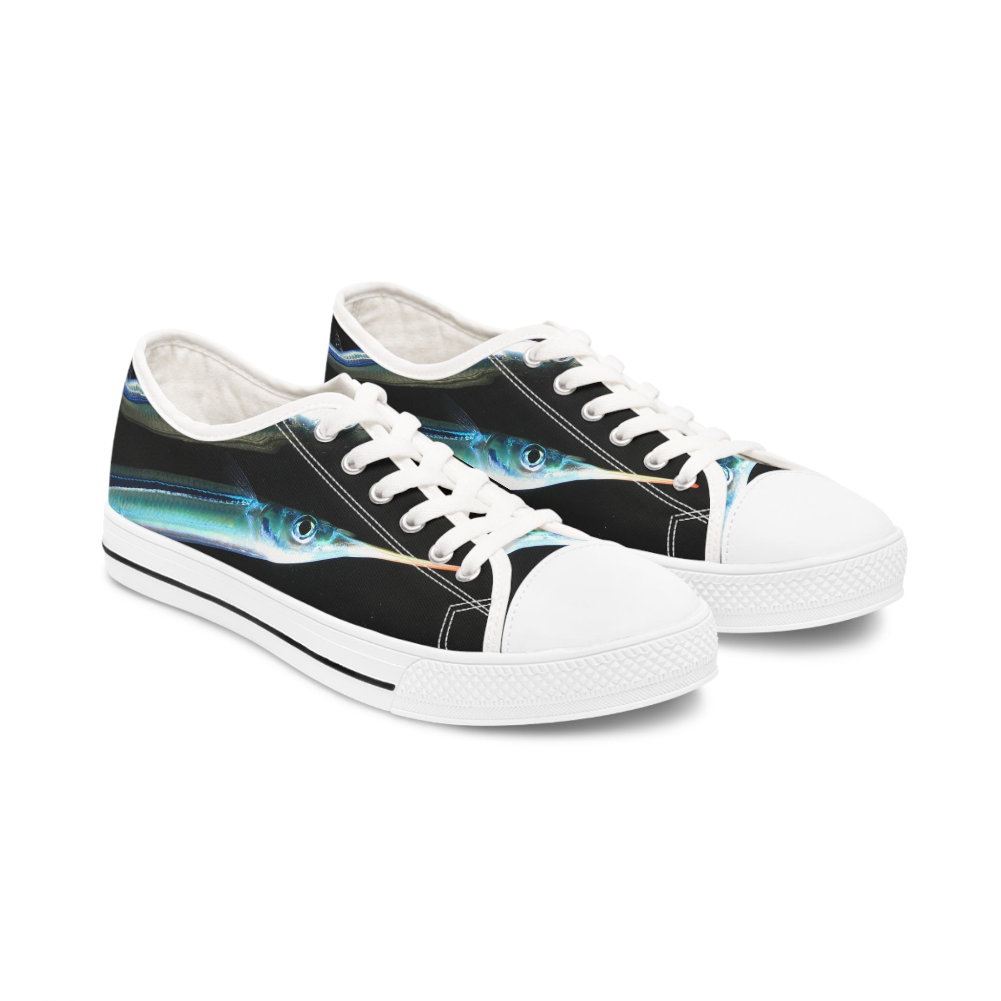 Halfbeak Women's Low Top Sneakers in black and white with silver metal eyelets and lace-up closure, showcasing breathable canvas and memory foam insoles.