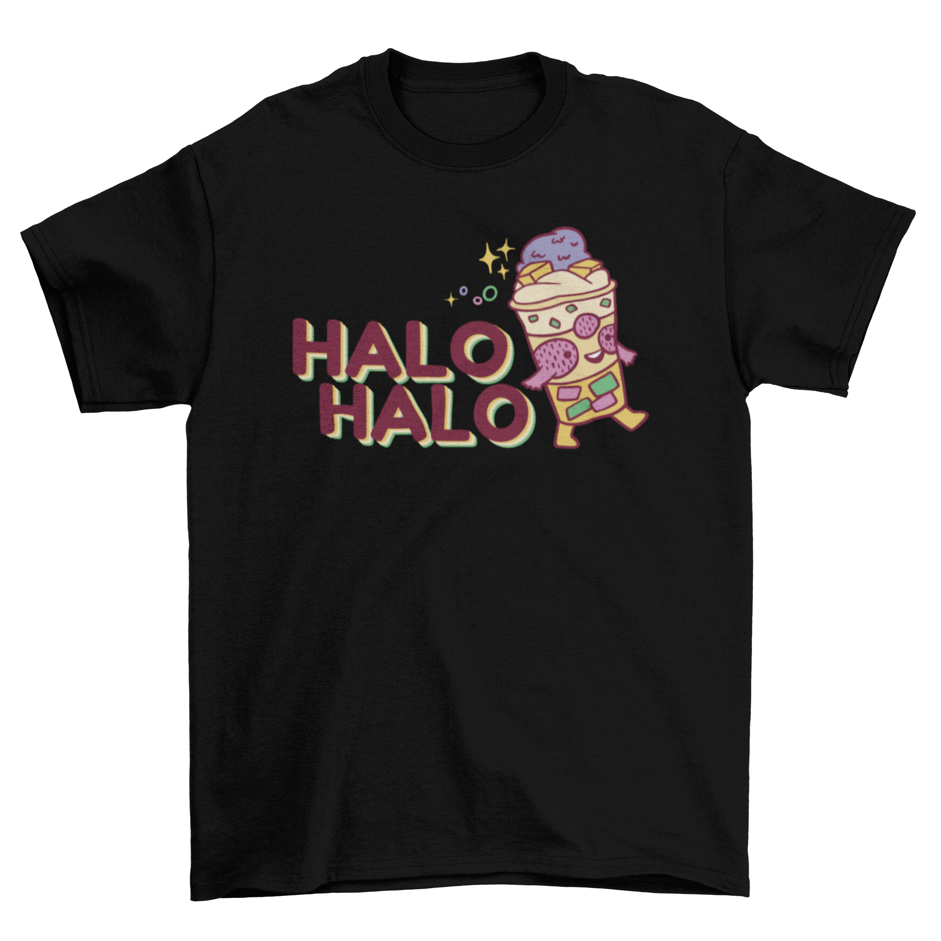 A cute t-shirt featuring a colorful halo halo dessert design, showcasing Filipino culture.