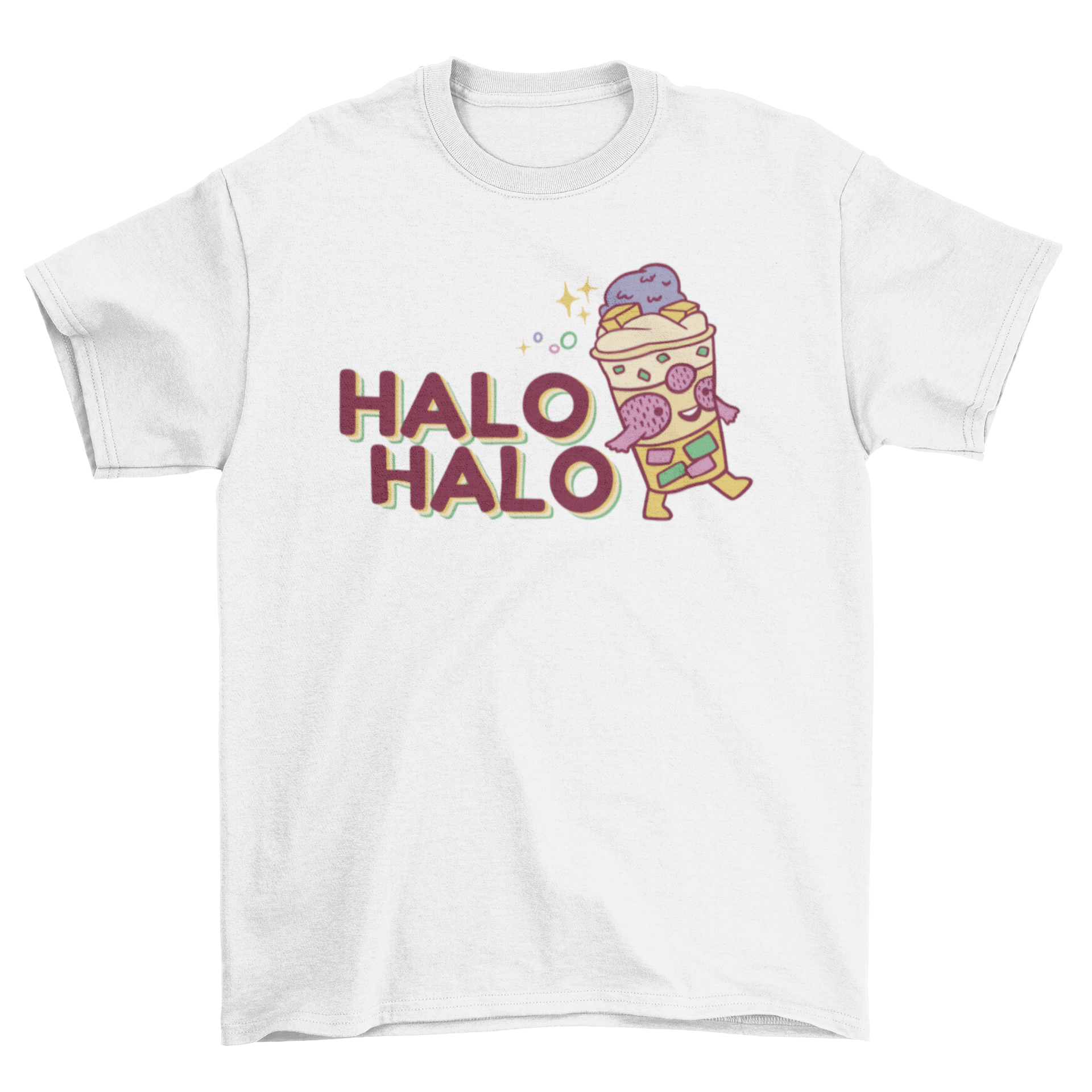 A cute t-shirt featuring a colorful halo halo dessert design, showcasing Filipino culture.