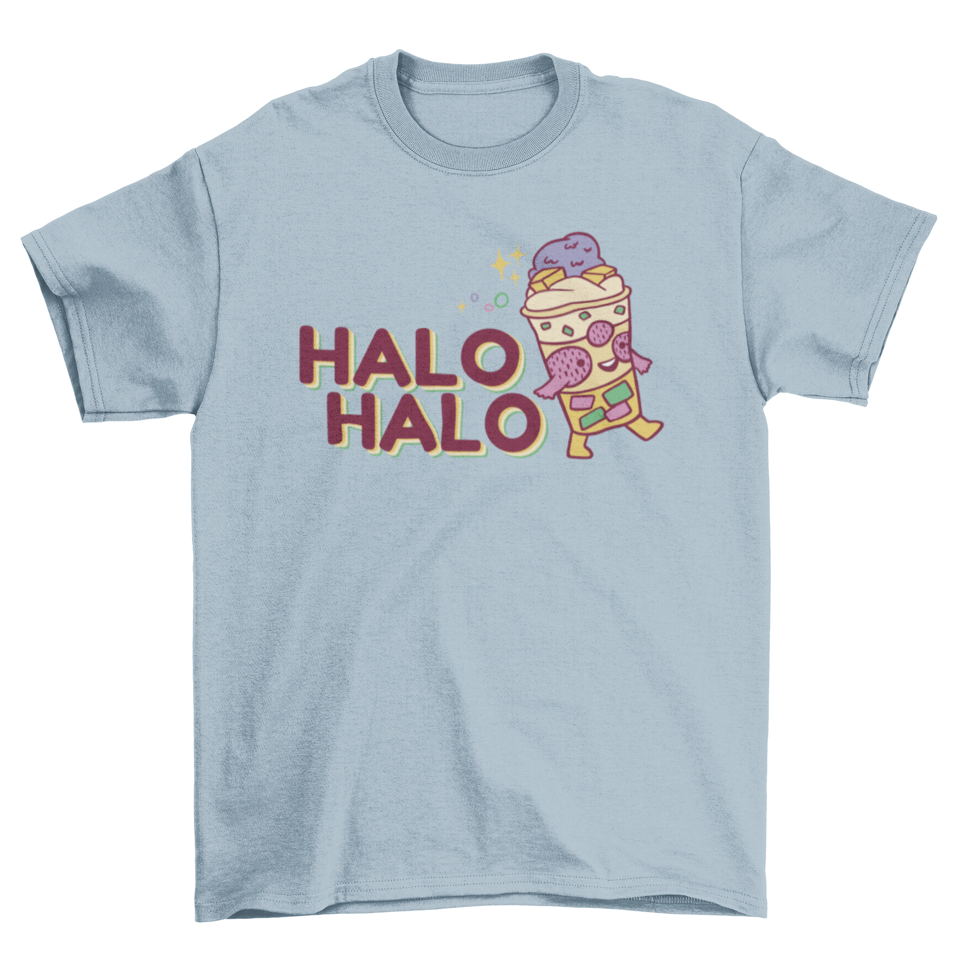 A cute t-shirt featuring a colorful halo halo dessert design, showcasing Filipino culture.