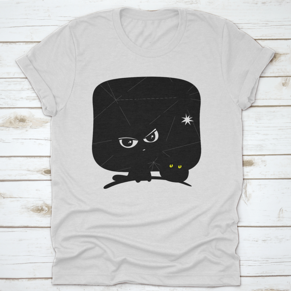 A cozy Halloween t-shirt featuring a cat and pumpkin design on a blue background, perfect for festive celebrations.