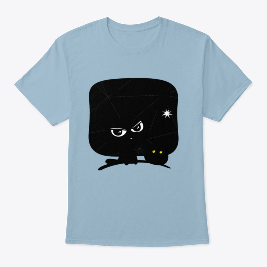 A cozy Halloween t-shirt featuring a cat and pumpkin design on a blue background, perfect for festive celebrations.