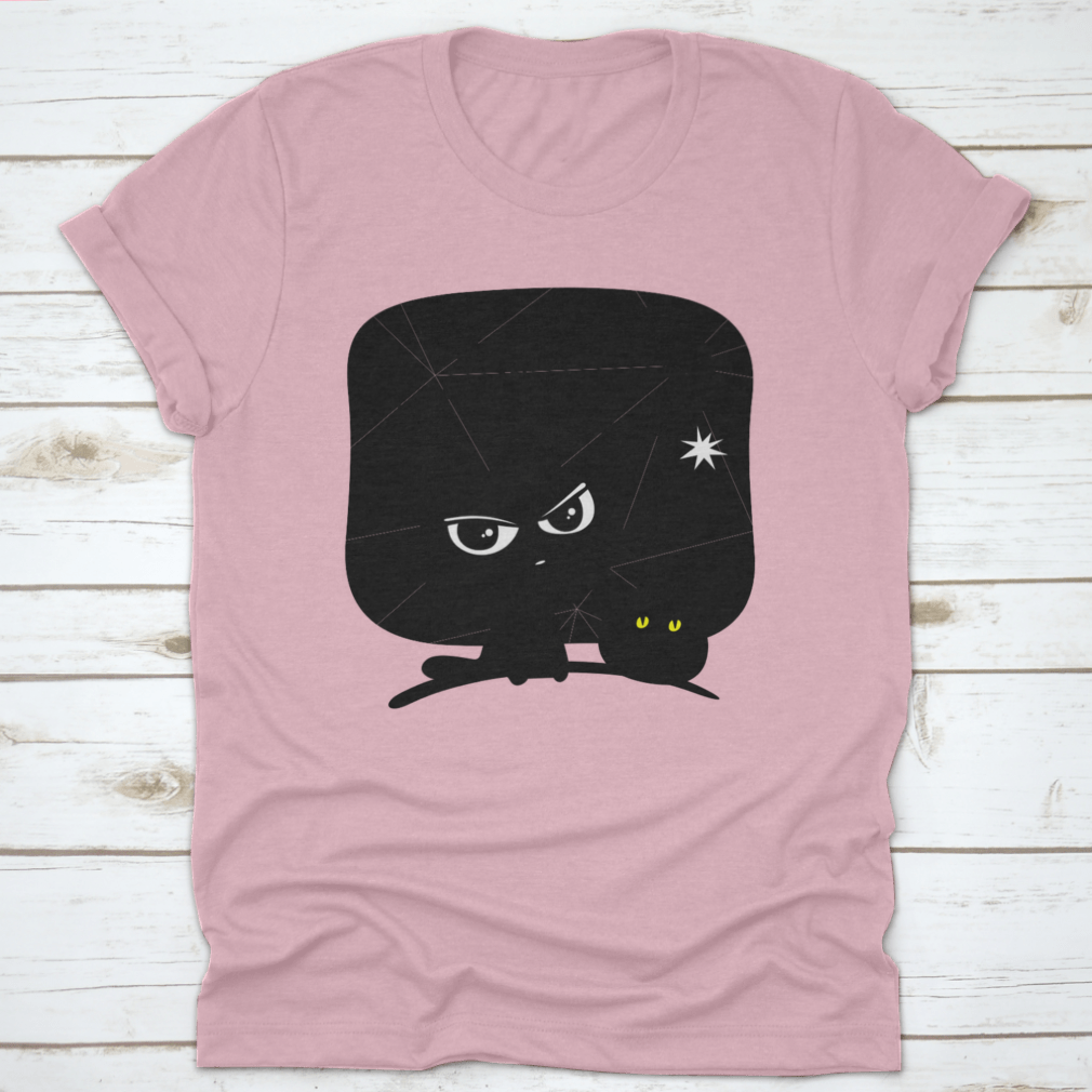 A cozy Halloween t-shirt featuring a cat and pumpkin design on a blue background, perfect for festive celebrations.