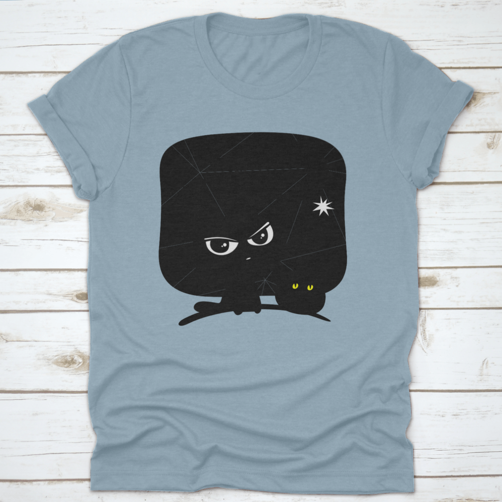 A cozy Halloween t-shirt featuring a cat and pumpkin design on a blue background, perfect for festive celebrations.