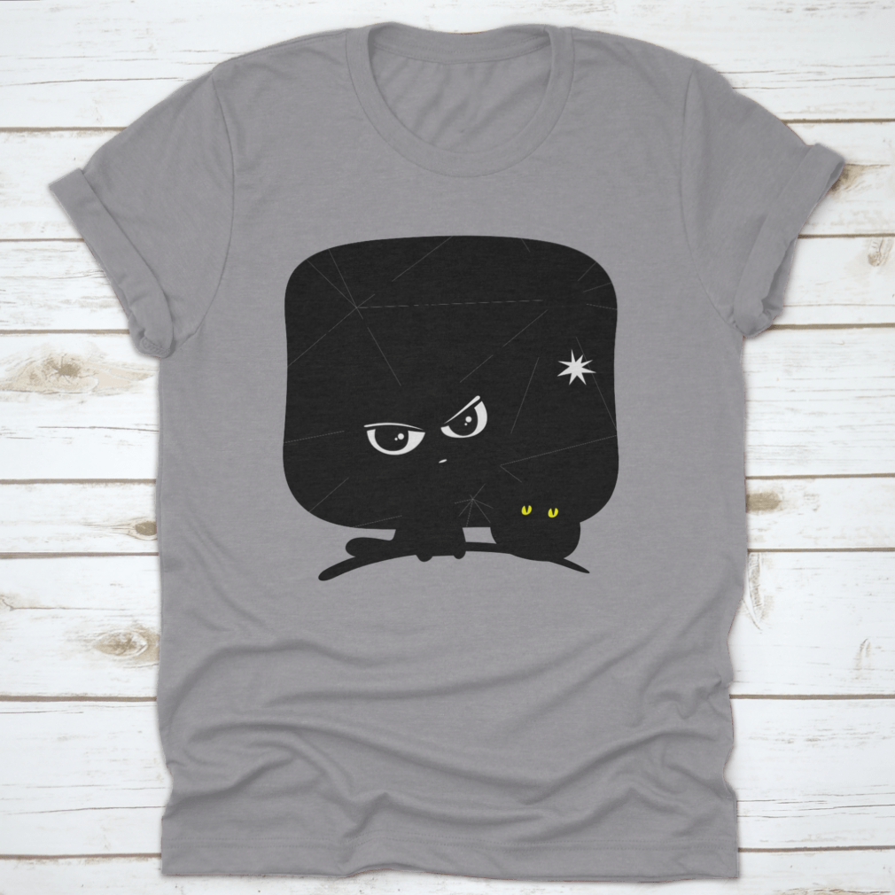 A cozy Halloween t-shirt featuring a cat and pumpkin design on a blue background, perfect for festive celebrations.