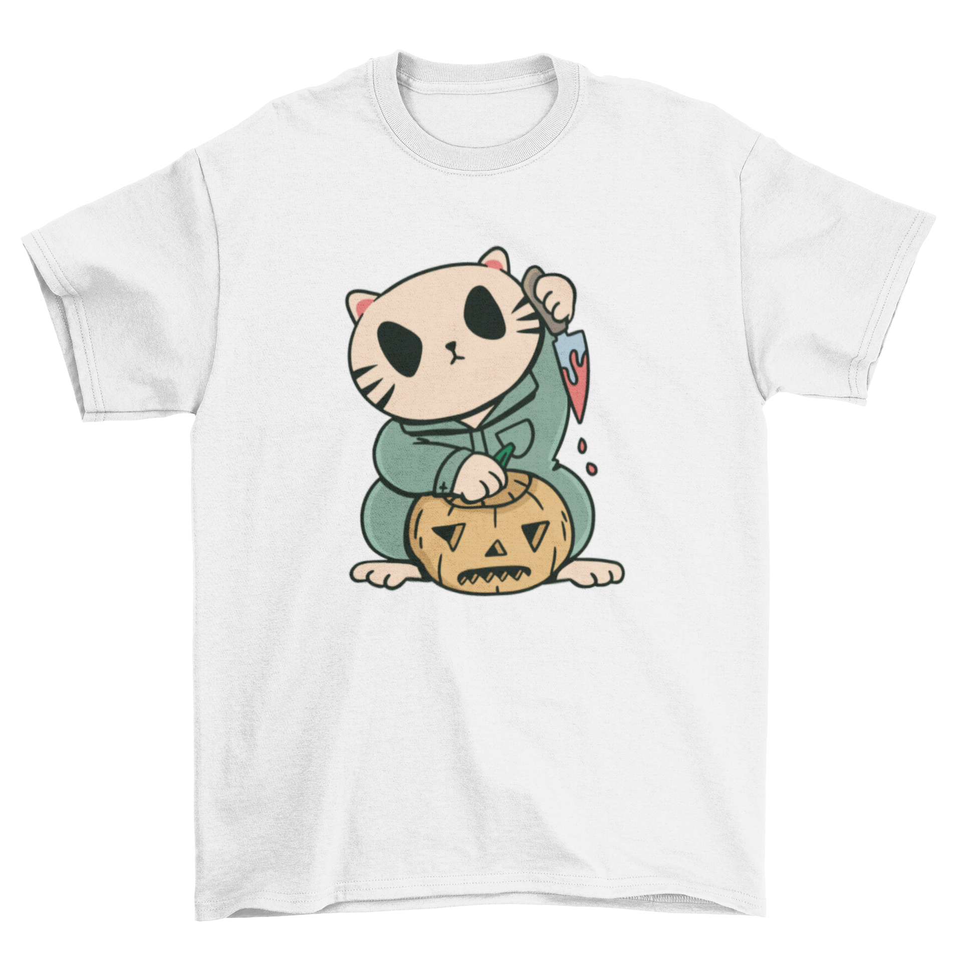 A cute Halloween cat character t-shirt featuring a playful design perfect for festive celebrations.