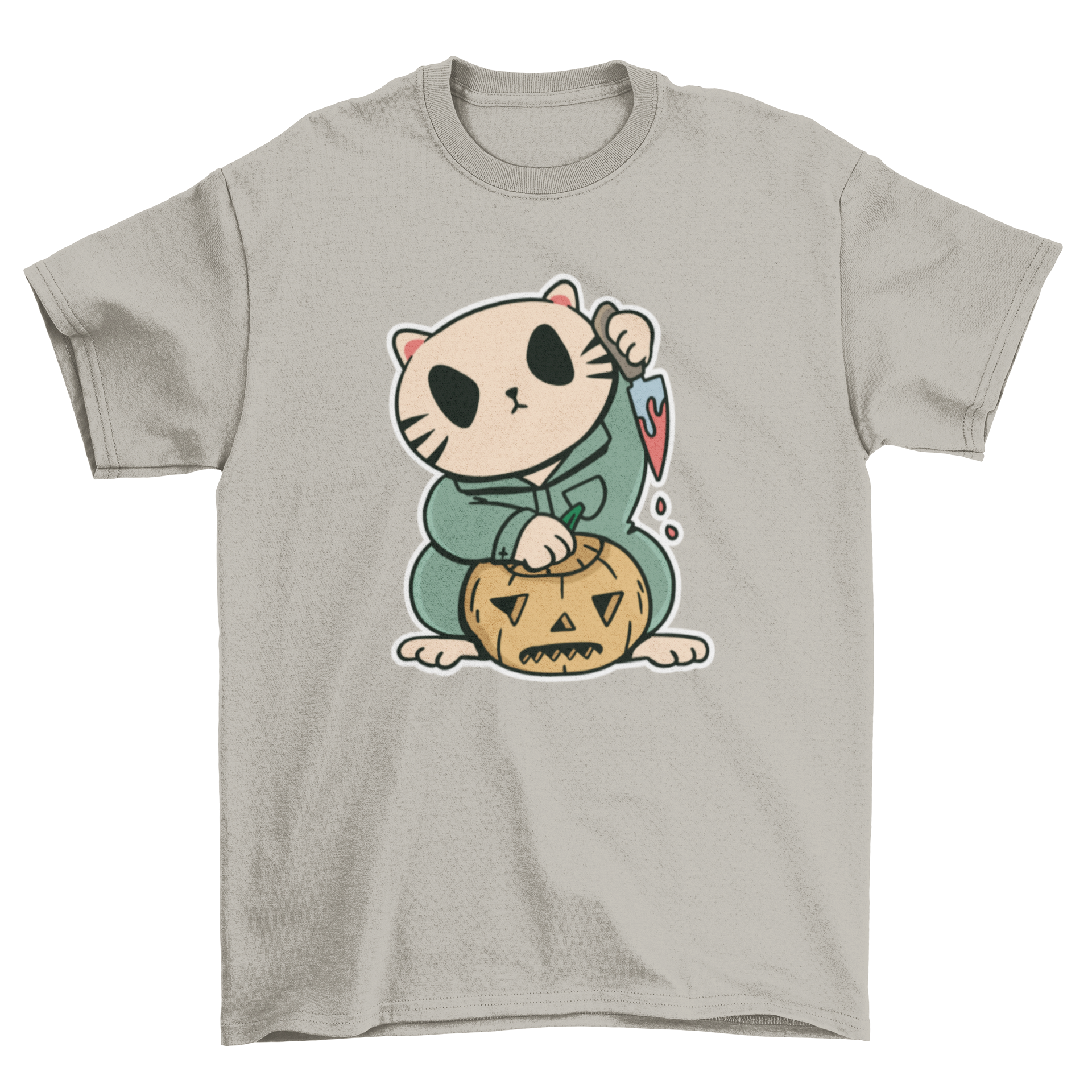 A cute Halloween cat character t-shirt featuring a playful design perfect for festive celebrations.