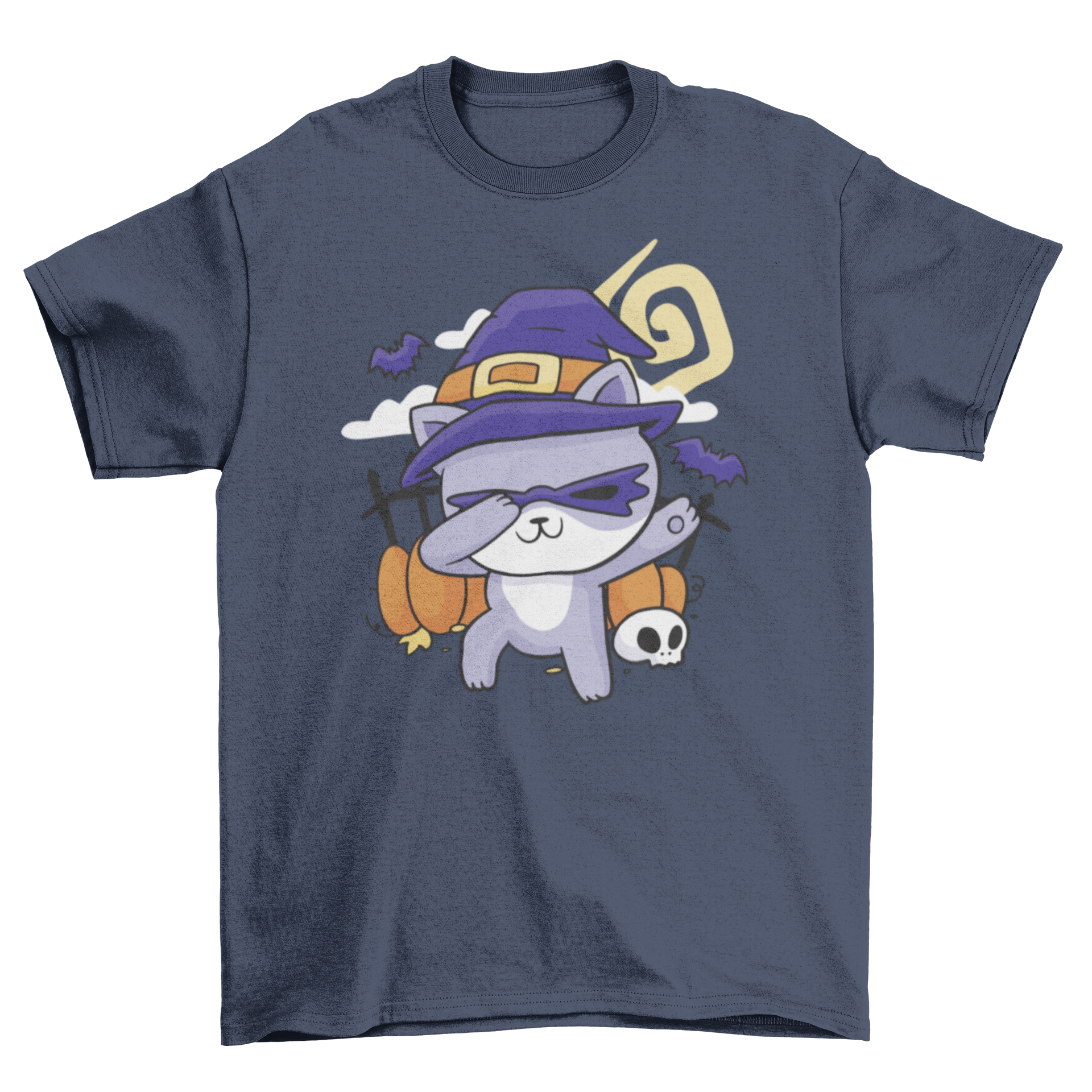 A playful cat dressed as a witch dabbing in a Halloween-themed t-shirt design.