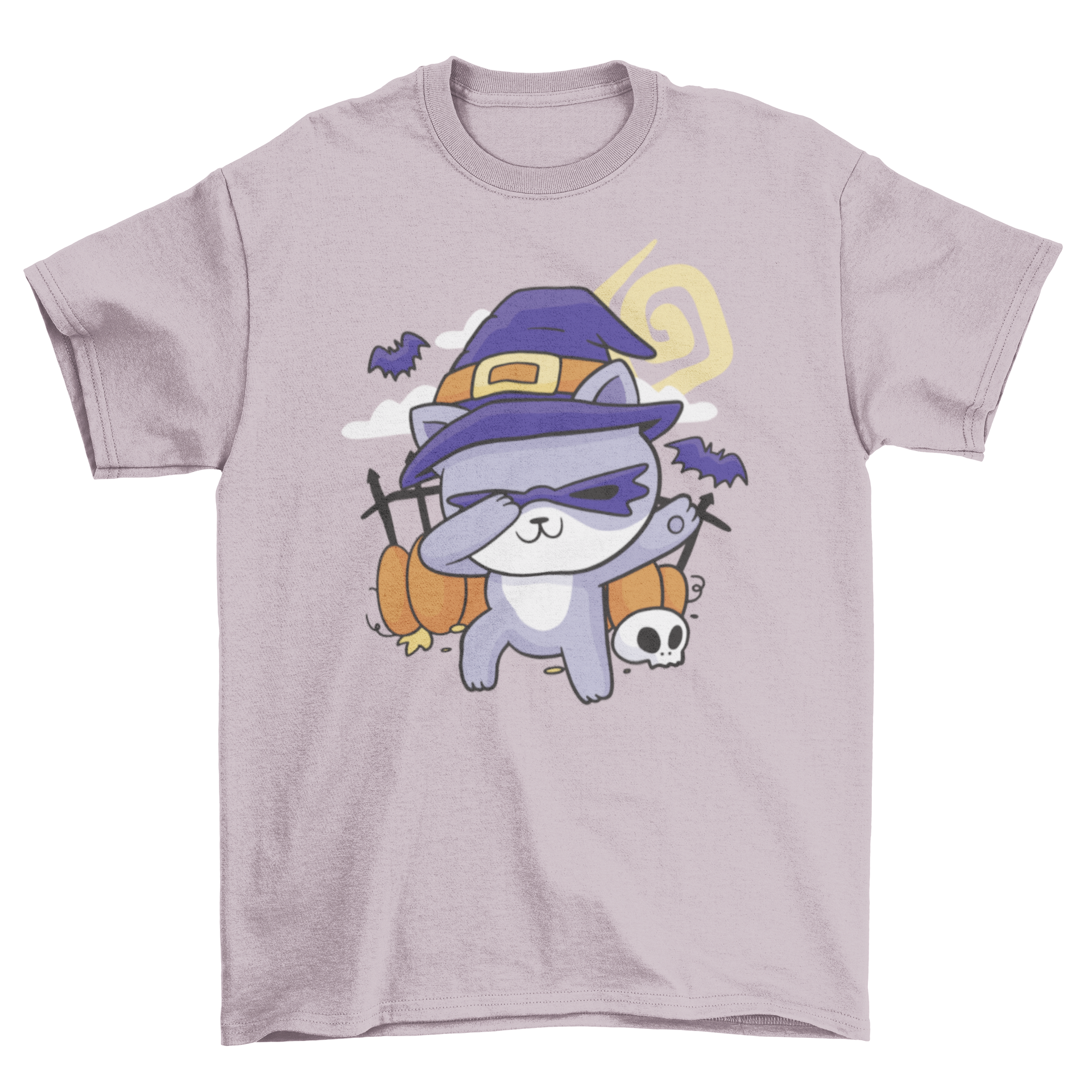 A playful cat dressed as a witch dabbing in a Halloween-themed t-shirt design.