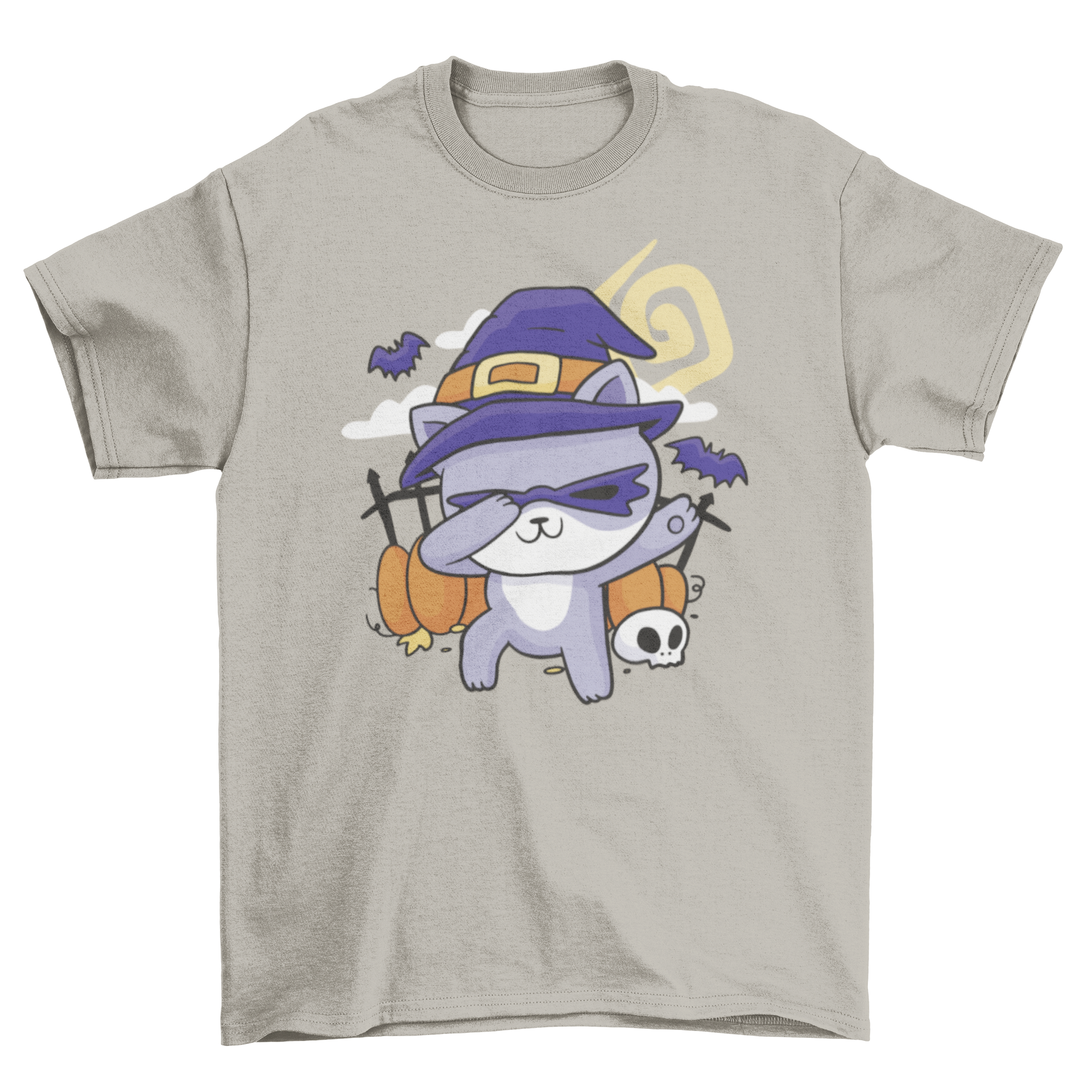 A playful cat dressed as a witch dabbing in a Halloween-themed t-shirt design.