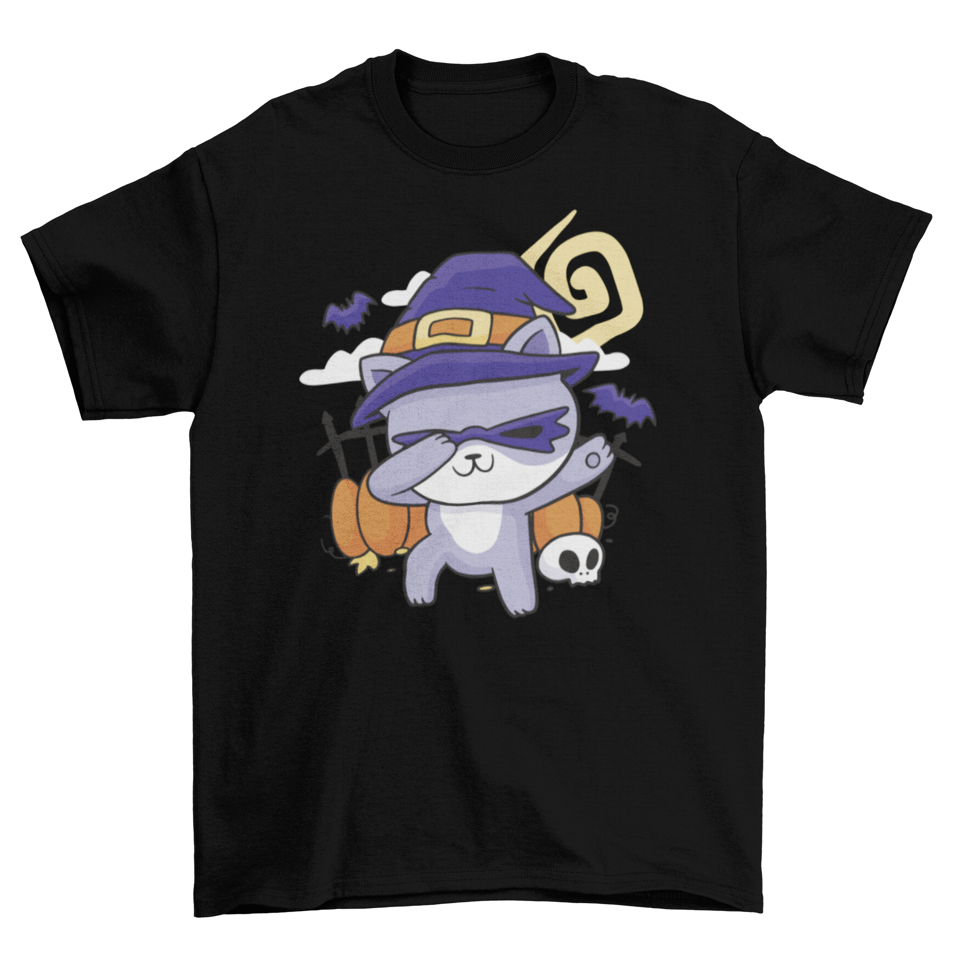 A playful cat dressed as a witch dabbing in a Halloween-themed t-shirt design.