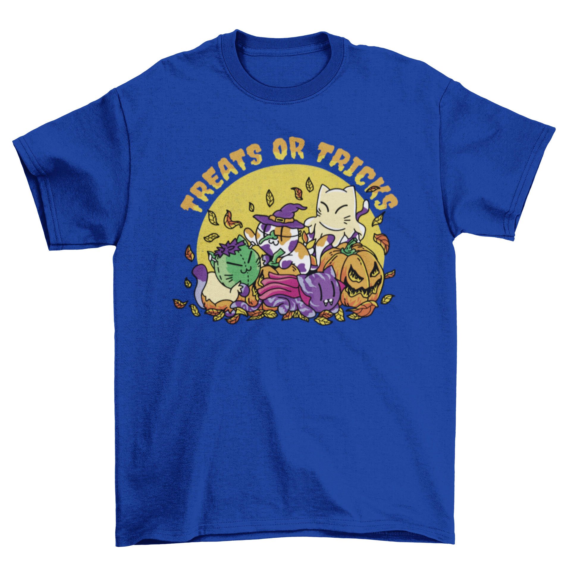 A colorful t-shirt featuring cartoon-style cats in Halloween costumes, perfect for festive celebrations.