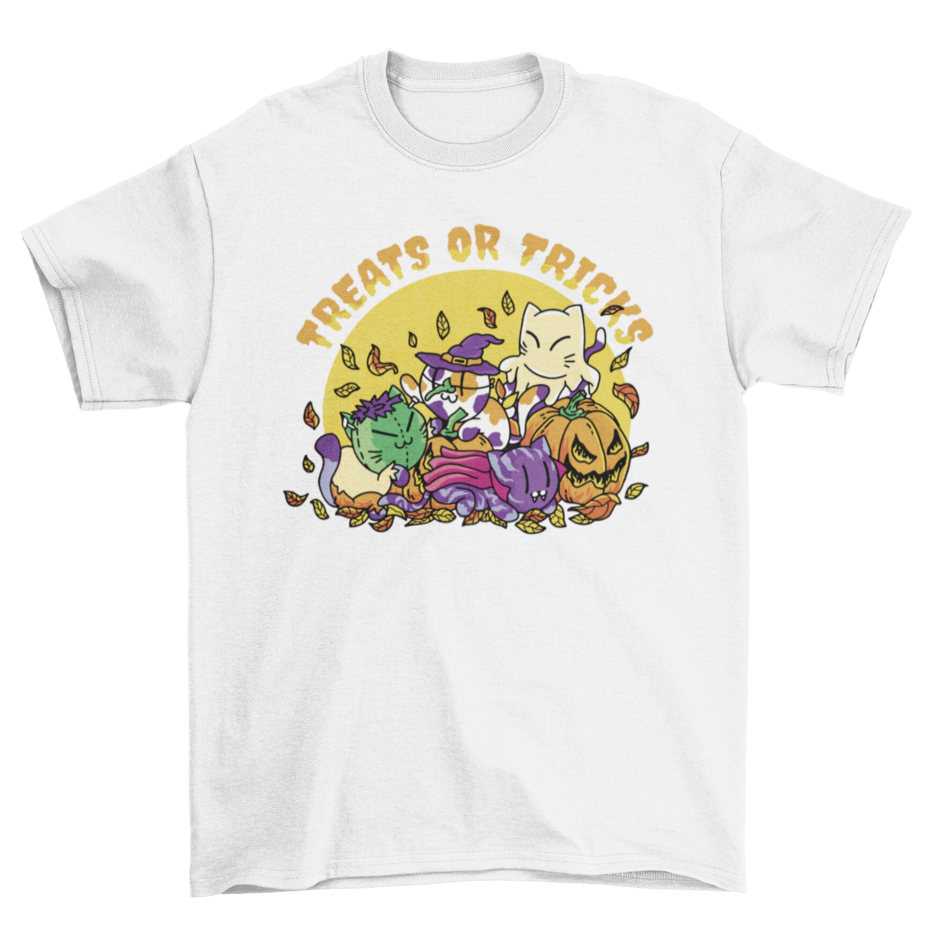 A colorful t-shirt featuring cartoon-style cats in Halloween costumes, perfect for festive celebrations.