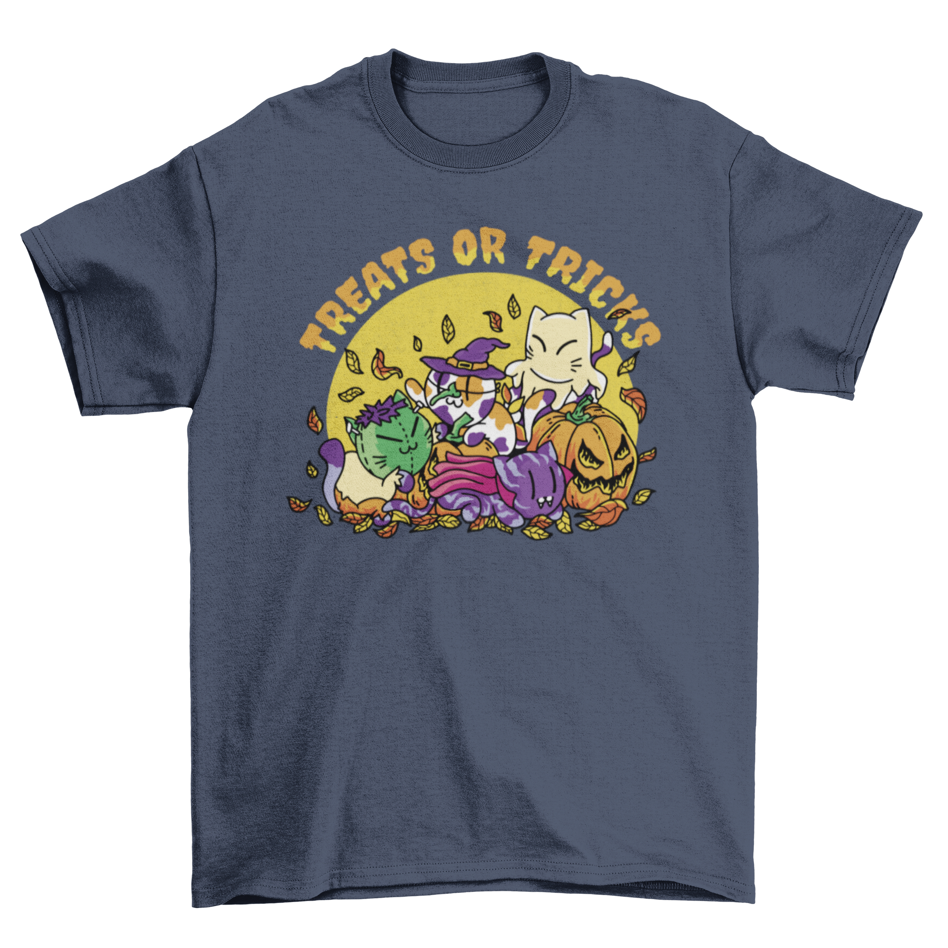 A colorful t-shirt featuring cartoon-style cats in Halloween costumes, perfect for festive celebrations.