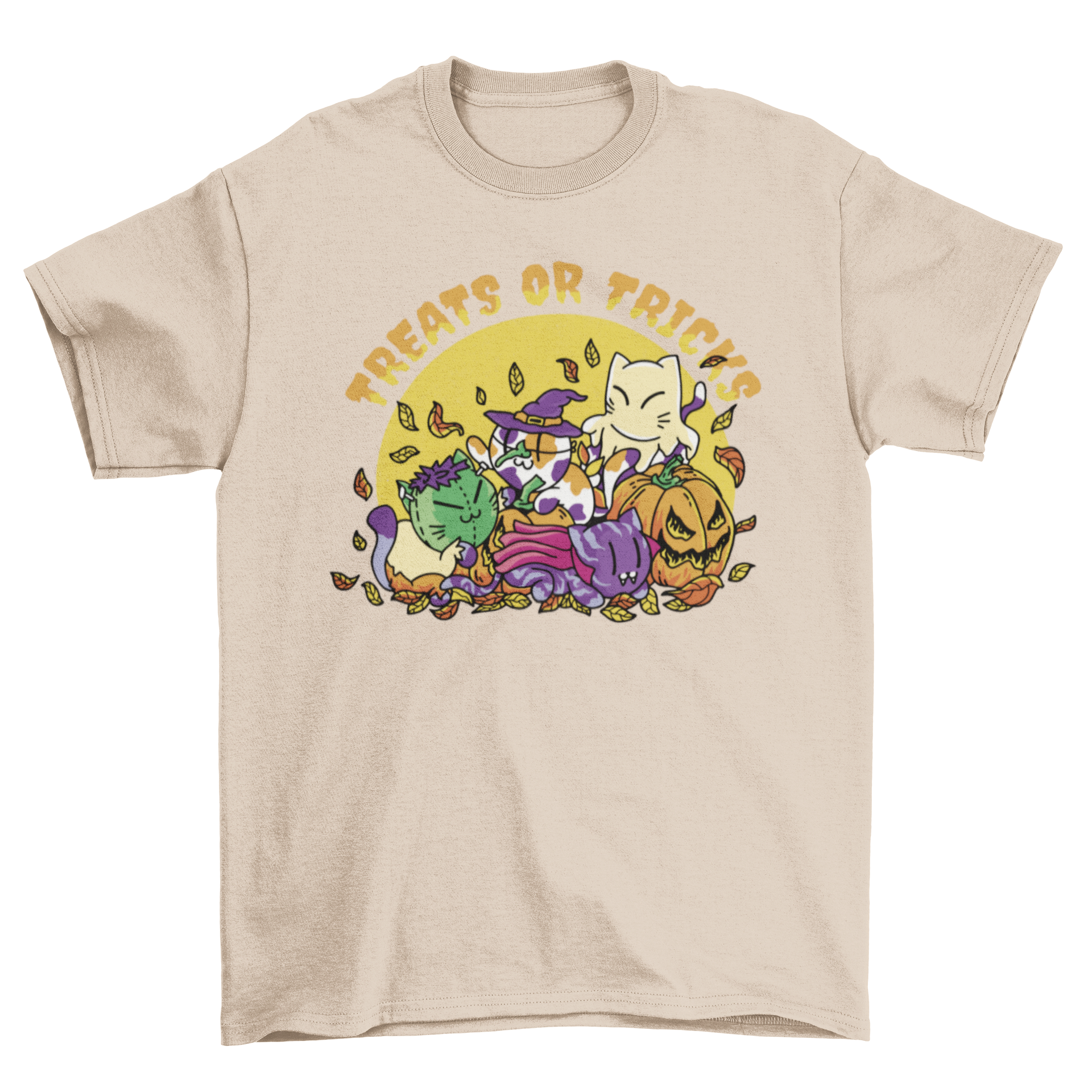 A colorful t-shirt featuring cartoon-style cats in Halloween costumes, perfect for festive celebrations.