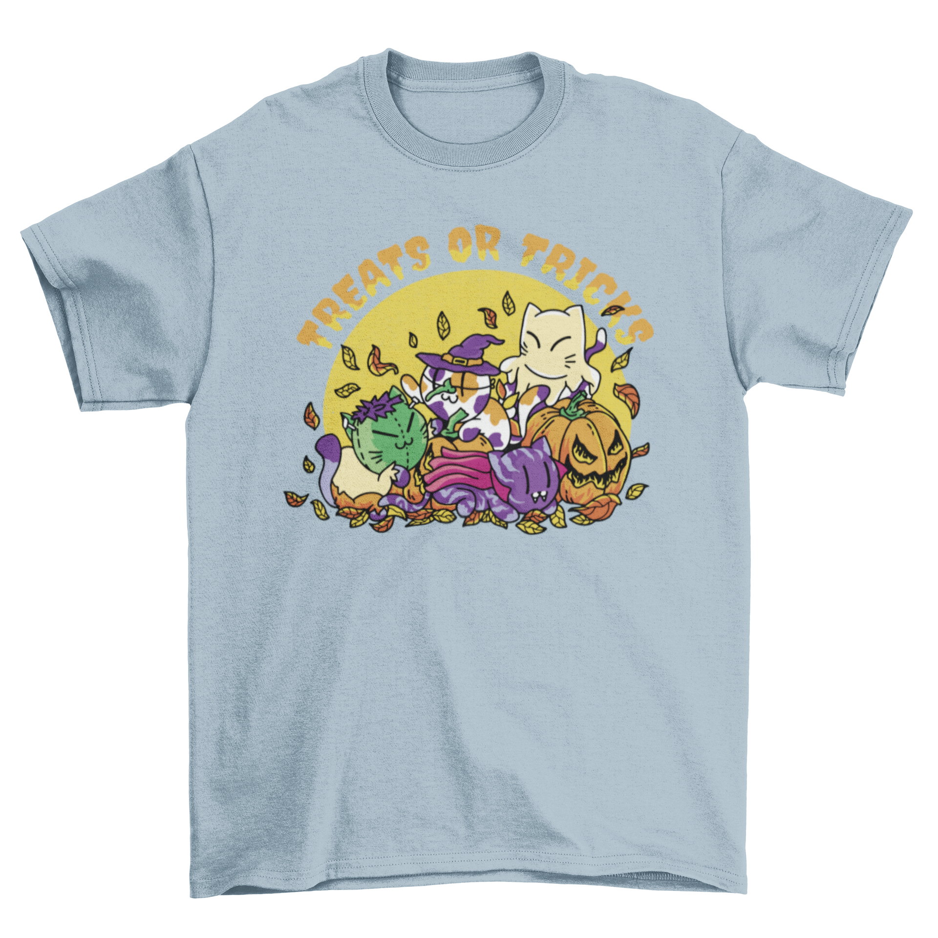 A colorful t-shirt featuring cartoon-style cats in Halloween costumes, perfect for festive celebrations.