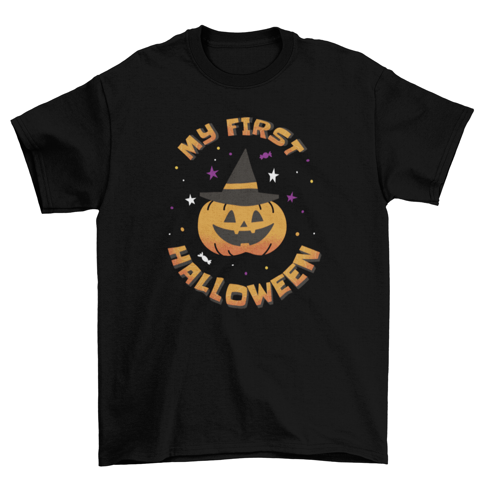 Cute pumpkin t-shirt featuring a jack o' lantern with a witch's hat and the quote 'My first Halloween'.