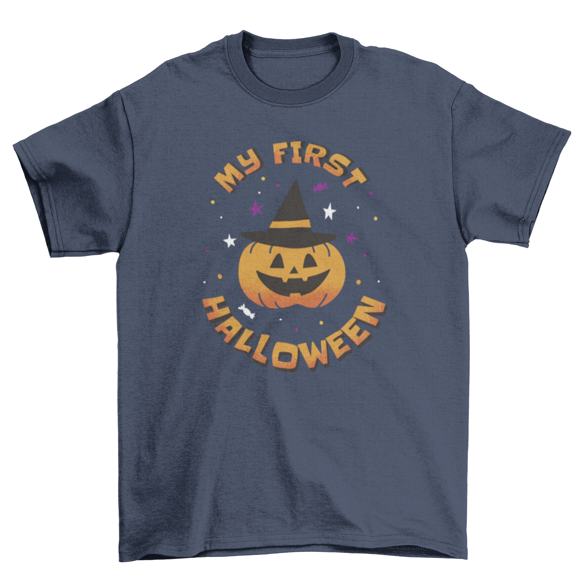 Cute pumpkin t-shirt featuring a jack o' lantern with a witch's hat and the quote 'My first Halloween'.