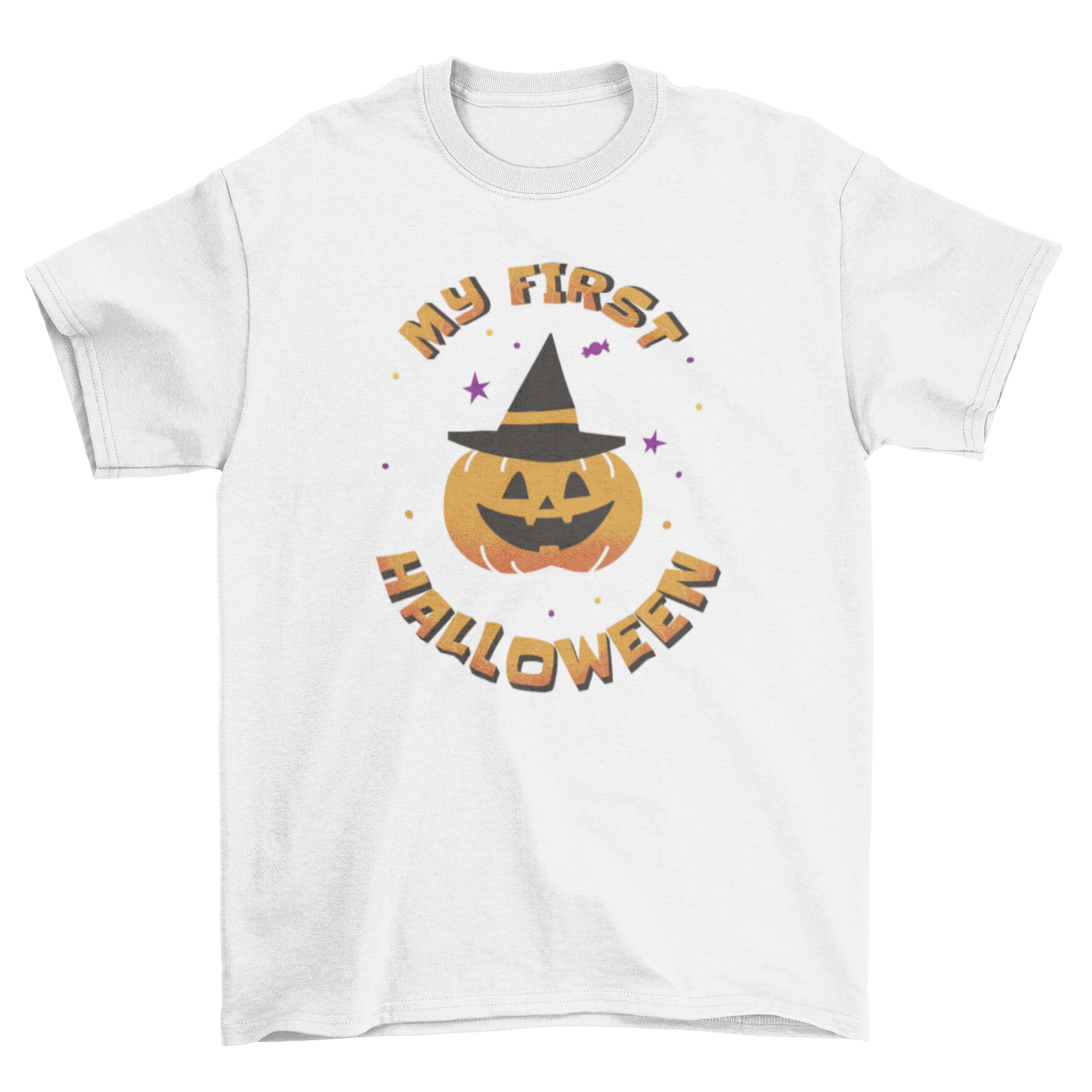 Cute pumpkin t-shirt featuring a jack o' lantern with a witch's hat and the quote 'My first Halloween'.