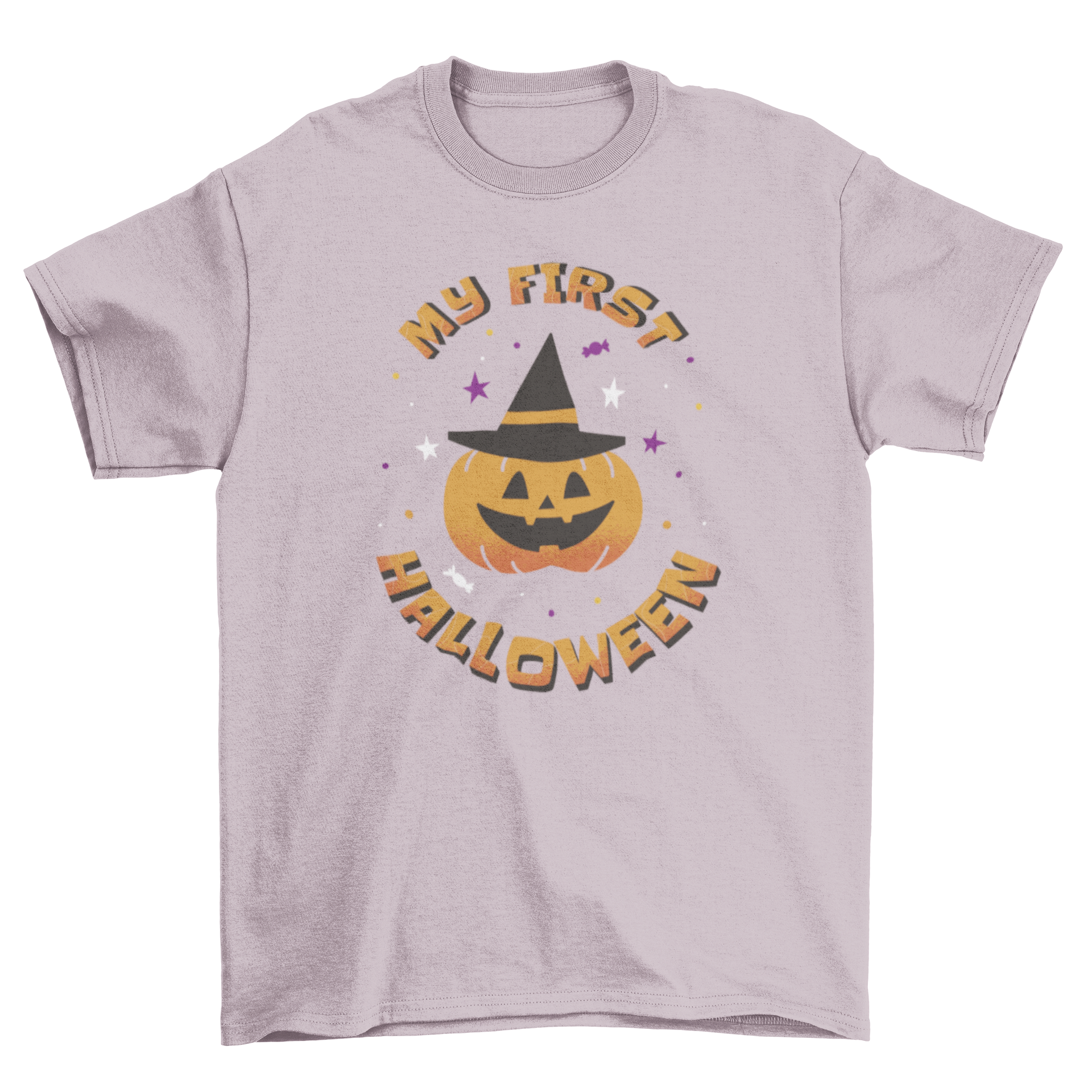 Cute pumpkin t-shirt featuring a jack o' lantern with a witch's hat and the quote 'My first Halloween'.