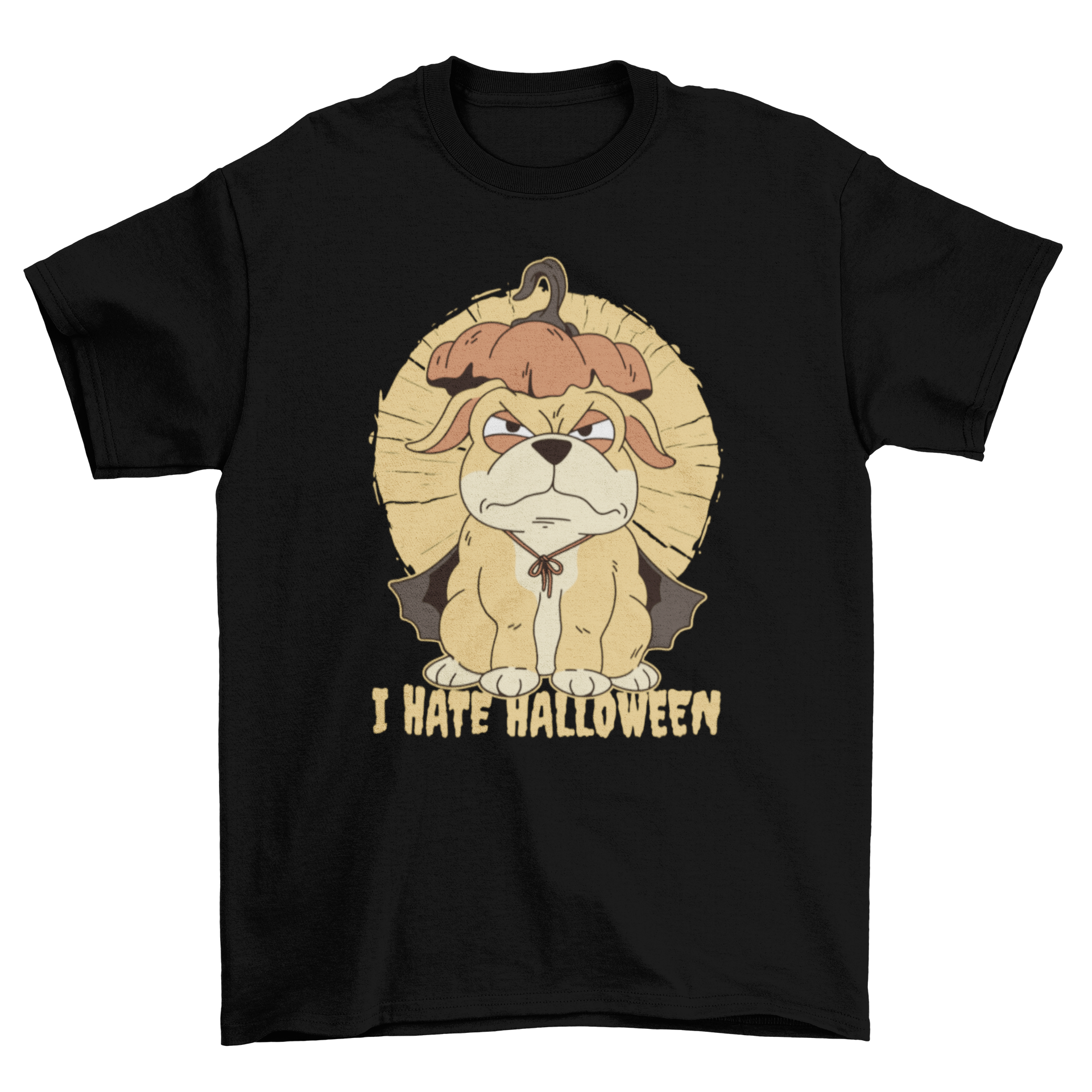 A cute Halloween dog t-shirt featuring a dog wearing a pumpkin hat with the quote 'I hate Halloween'.