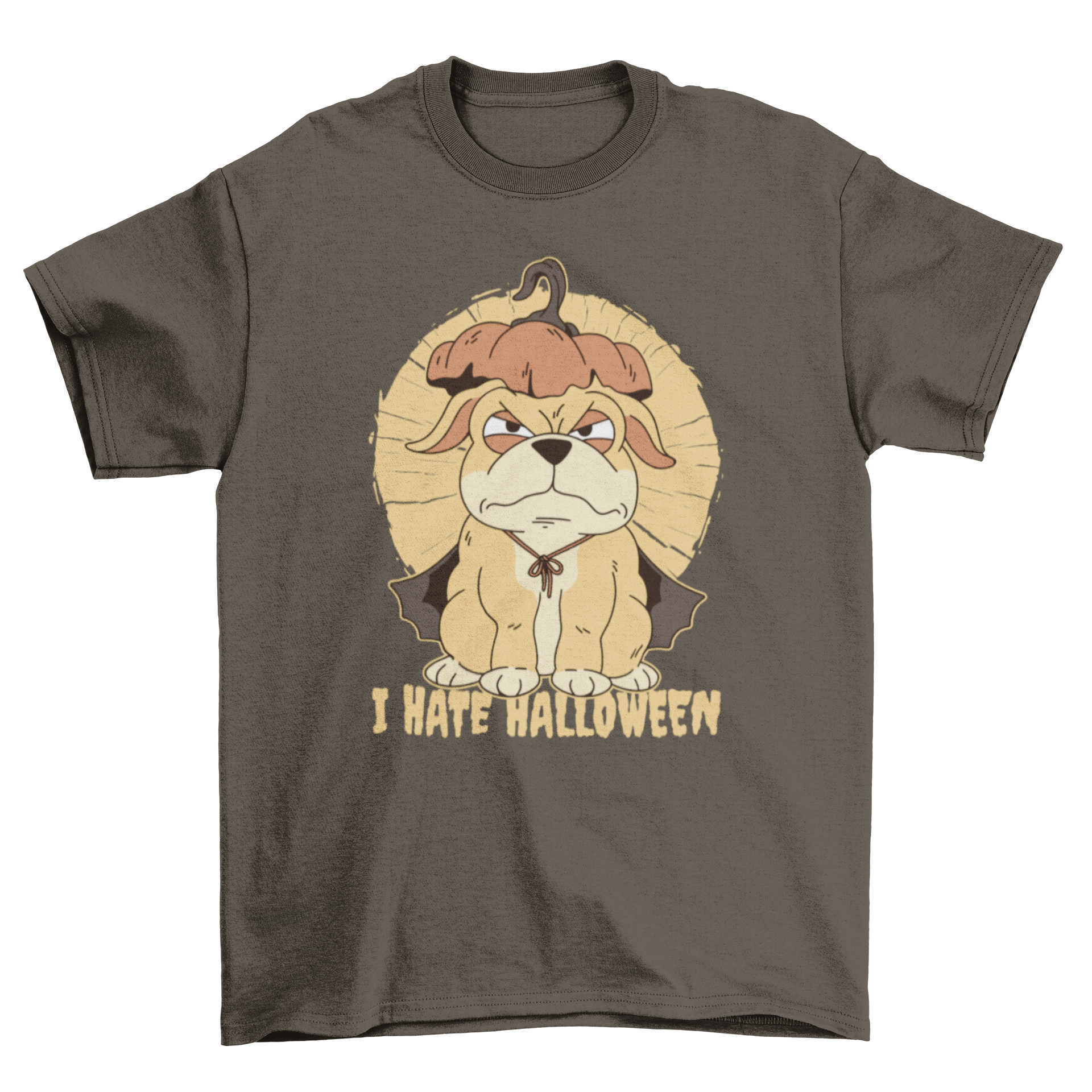 A cute Halloween dog t-shirt featuring a dog wearing a pumpkin hat with the quote 'I hate Halloween'.