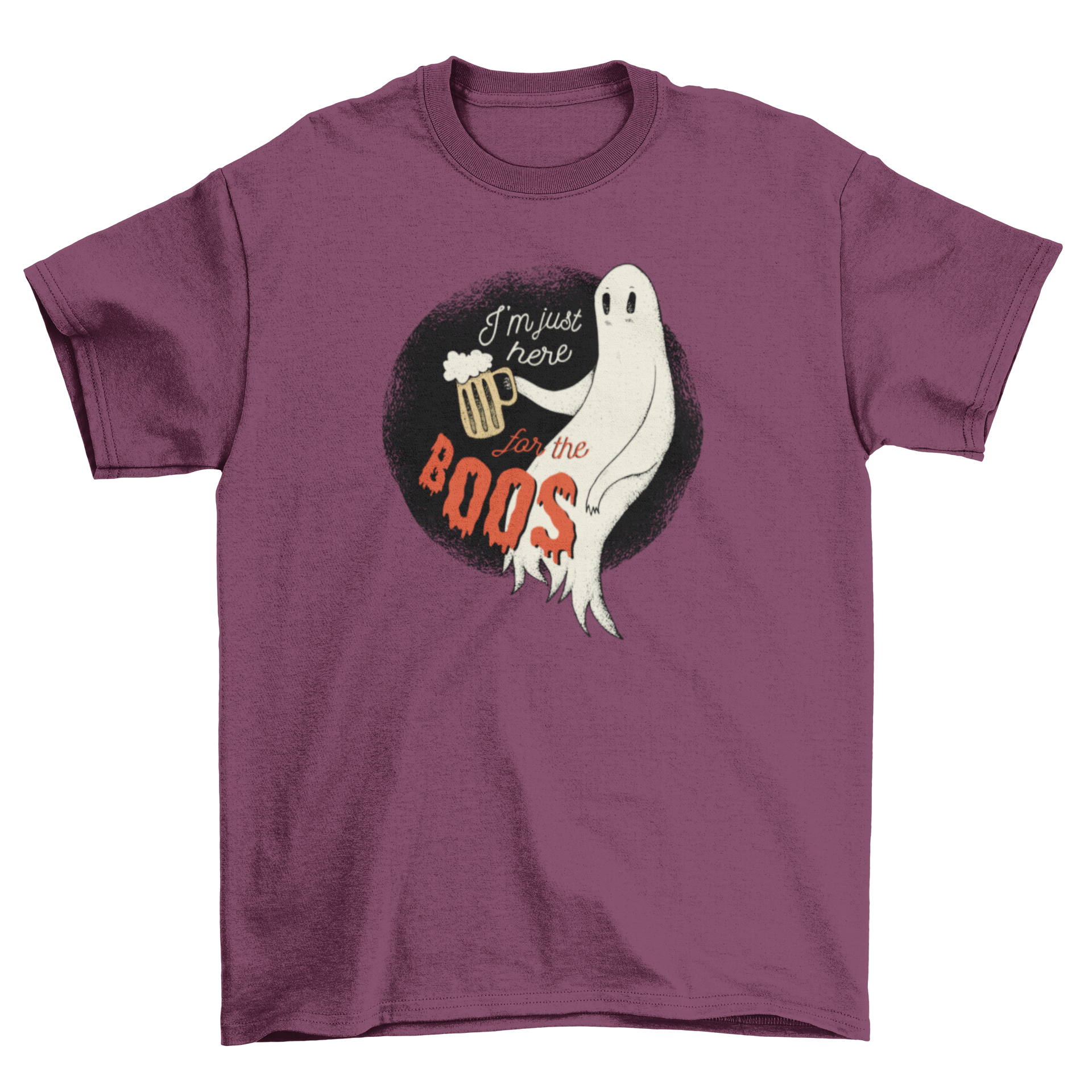 A humorous Halloween t-shirt featuring a ghost holding a beer with the text 'I'M JUST HERE FOR THE BOOS'.