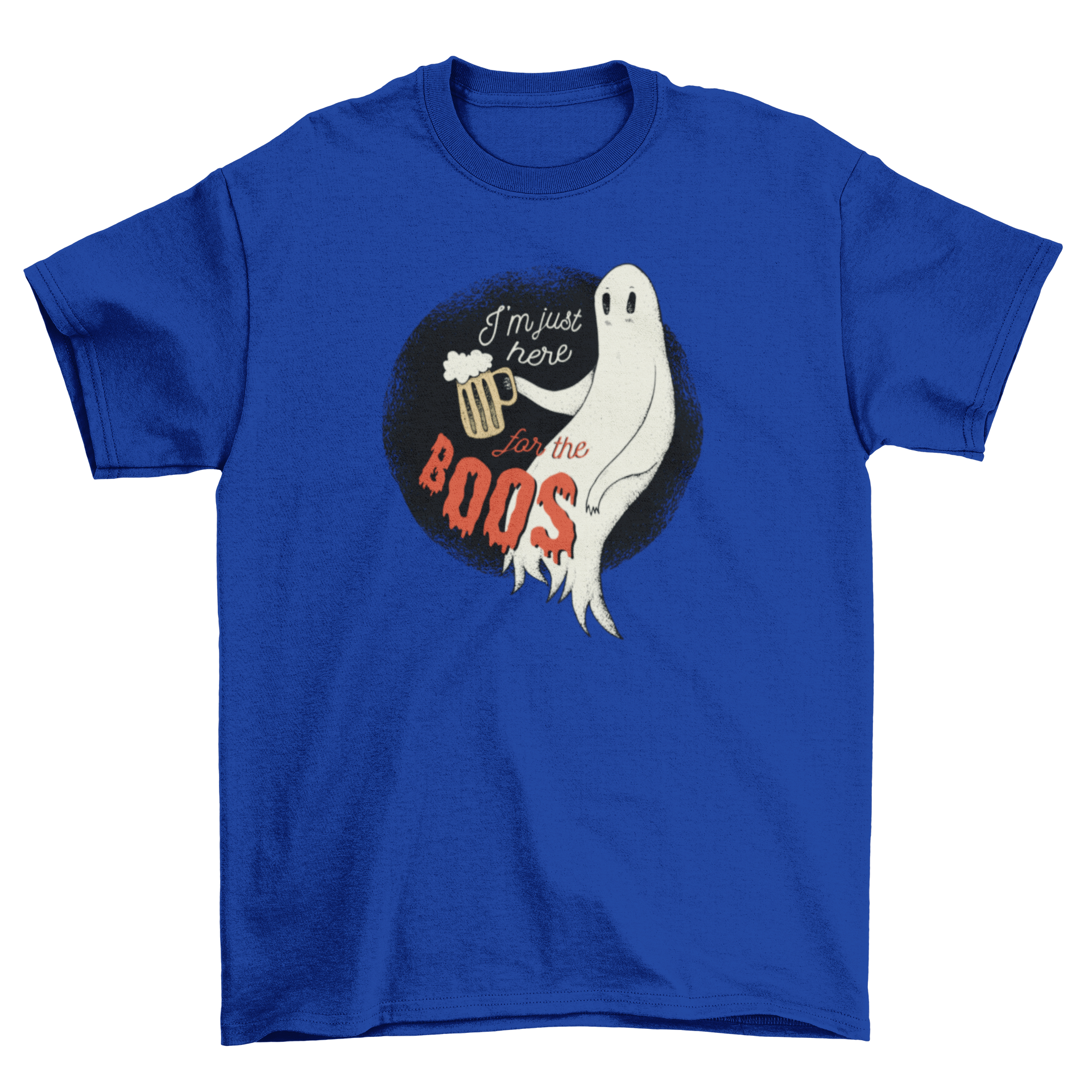 A humorous Halloween t-shirt featuring a ghost holding a beer with the text 'I'M JUST HERE FOR THE BOOS'.