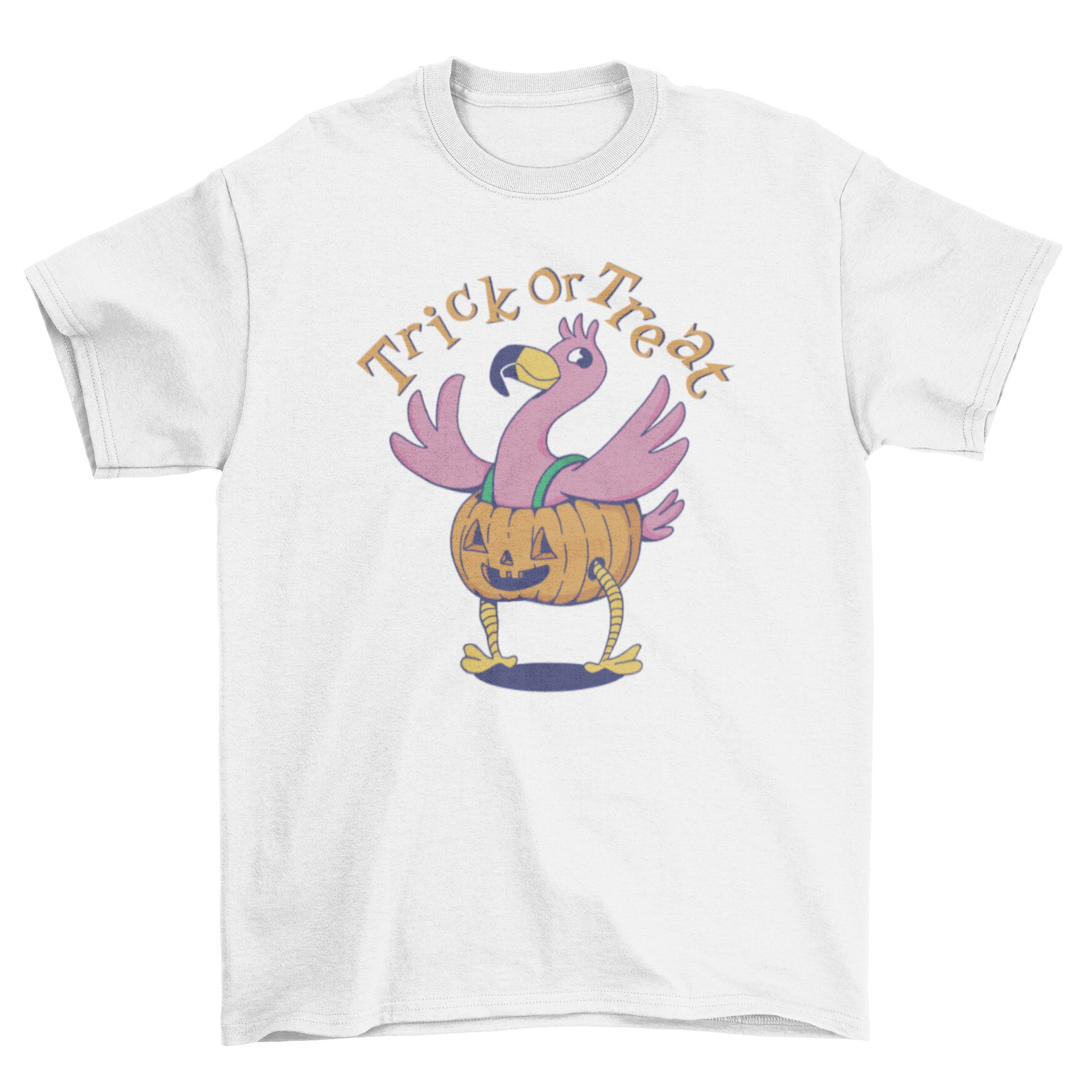 A cute Halloween t-shirt featuring a flamingo in a jack o' lantern costume with the quote 'Trick or Treat'.