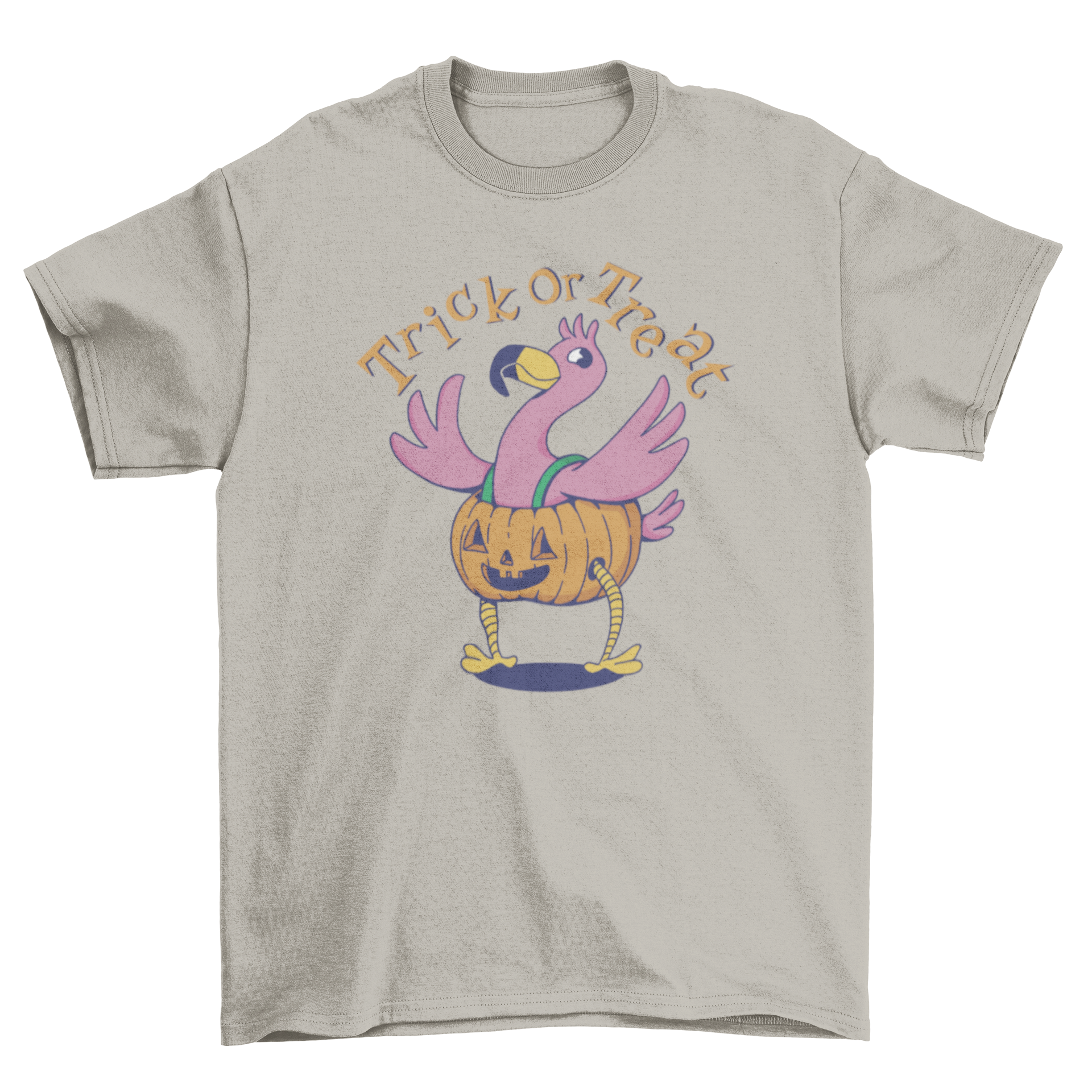 A cute Halloween t-shirt featuring a flamingo in a jack o' lantern costume with the quote 'Trick or Treat'.