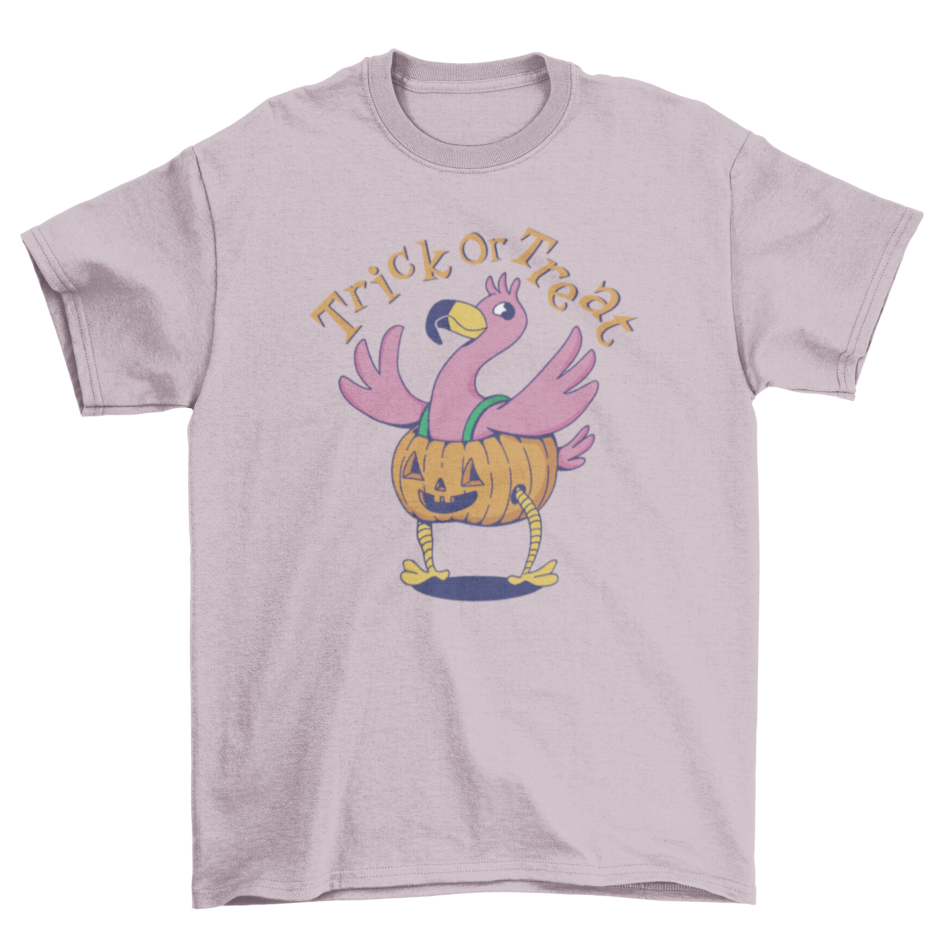 A cute Halloween t-shirt featuring a flamingo in a jack o' lantern costume with the quote 'Trick or Treat'.