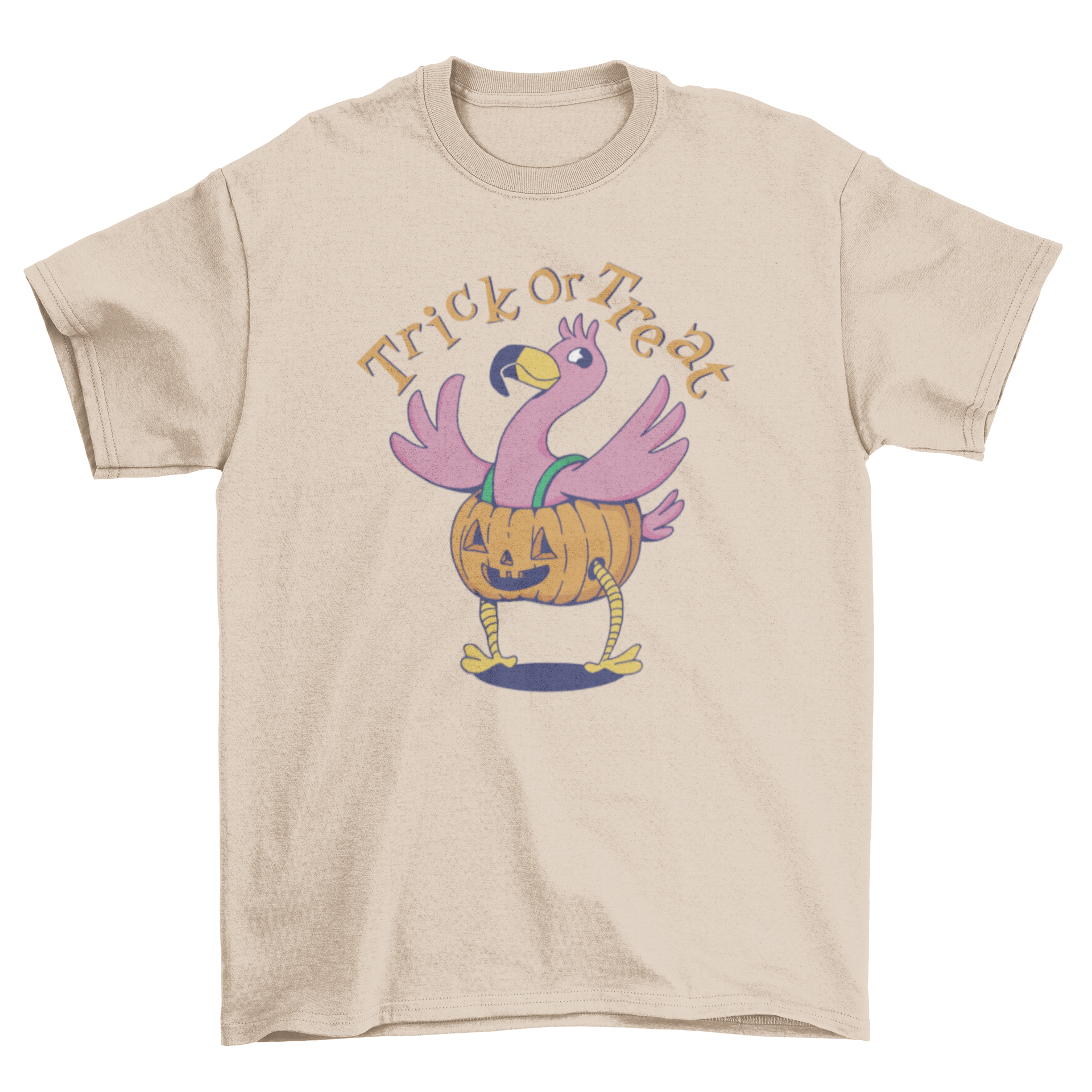 A cute Halloween t-shirt featuring a flamingo in a jack o' lantern costume with the quote 'Trick or Treat'.