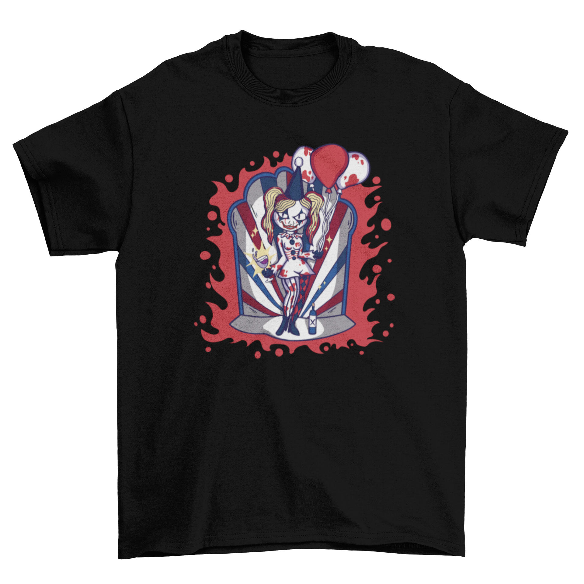 A vibrant Halloween girl clown t-shirt featuring a playful clown girl holding a wine glass surrounded by colorful balloons.