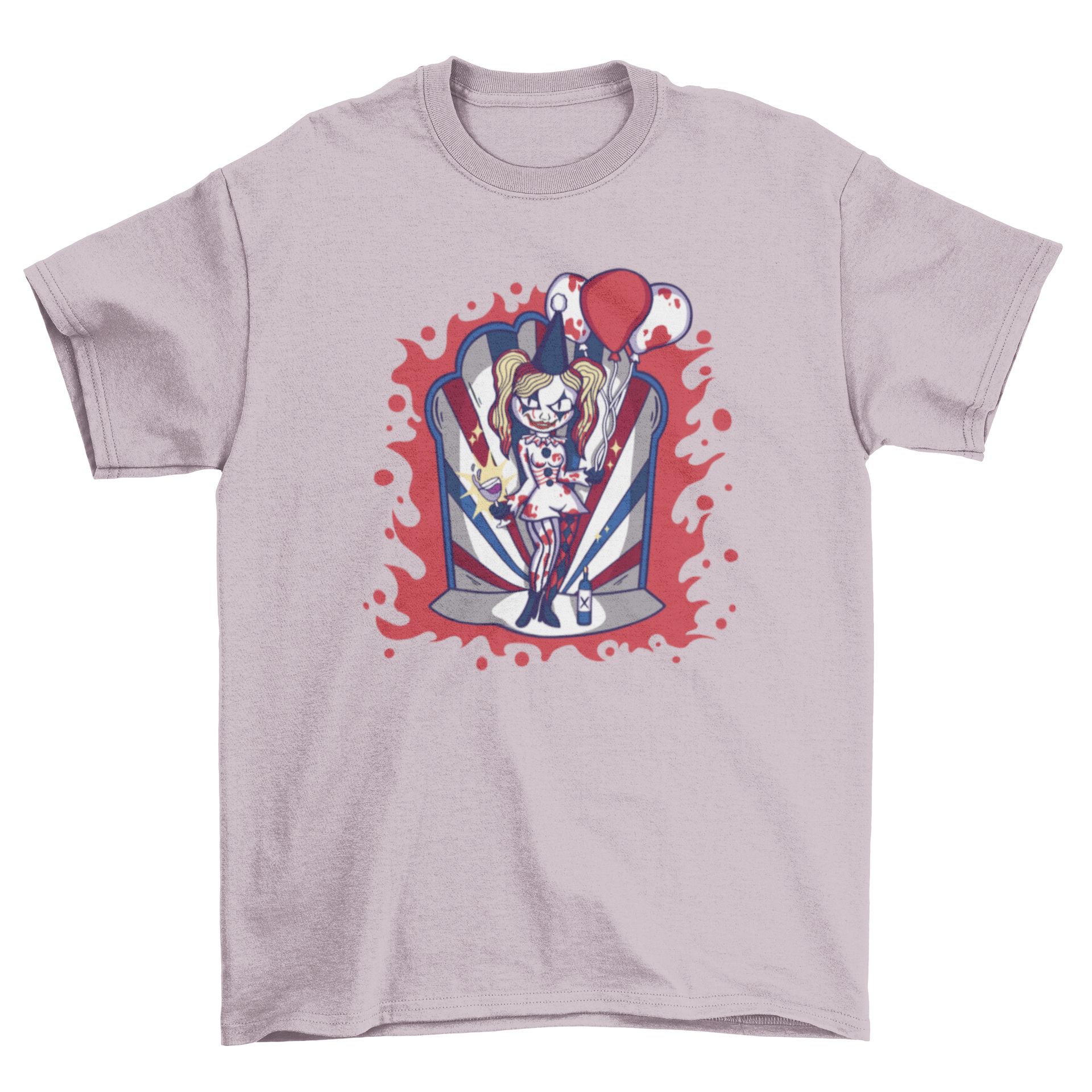 A vibrant Halloween girl clown t-shirt featuring a playful clown girl holding a wine glass surrounded by colorful balloons.