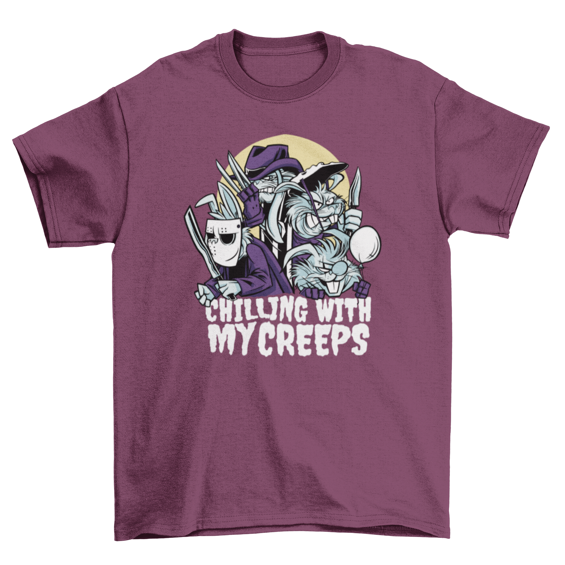 A playful Halloween t-shirt featuring four bunnies in costumes with the quote 'Chilling with my creeps'.