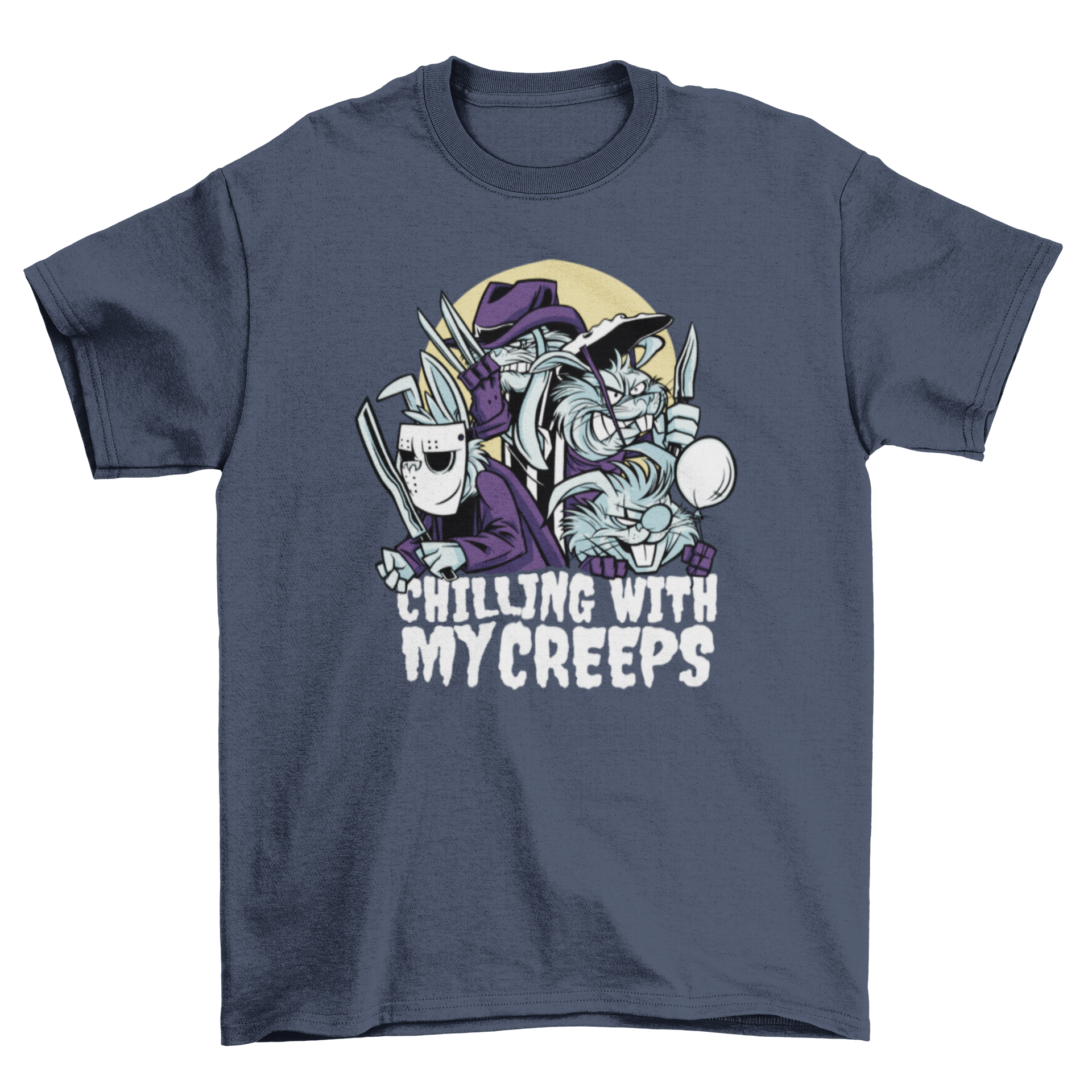 A playful Halloween t-shirt featuring four bunnies in costumes with the quote 'Chilling with my creeps'.