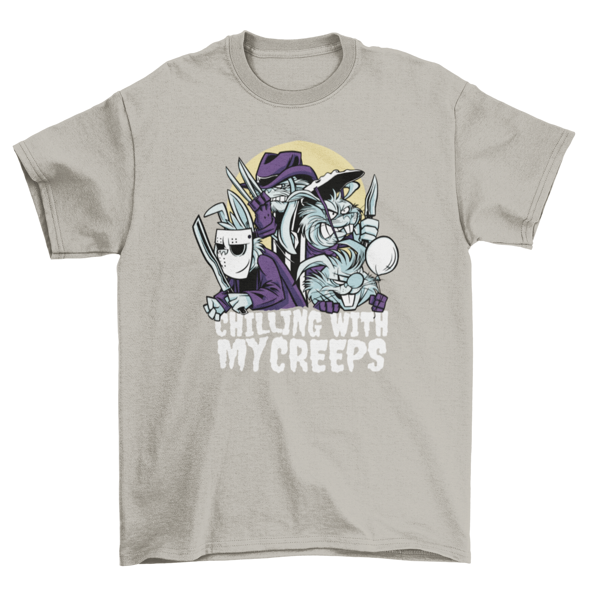 A playful Halloween t-shirt featuring four bunnies in costumes with the quote 'Chilling with my creeps'.